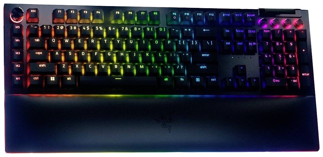 Klávesnice s podsvícením RGB, opěrkou zápěstí a programovatelnými klávesami, vhodná pro hraní her nebo kancelářskou práci.