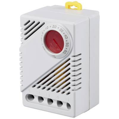 Bílé pouzdro termostatu s otočným ovladačem a větracími otvory. Otočný ovladač ukazuje teploty od 0 do 60°C.
