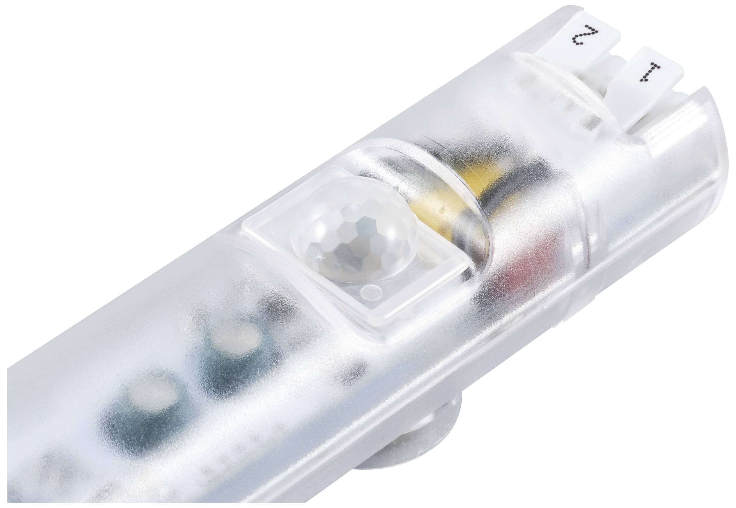 Elektronické zařízení s optickým senzorem a spínačem, průhledný kryt odhaluje vnitřní komponenty.