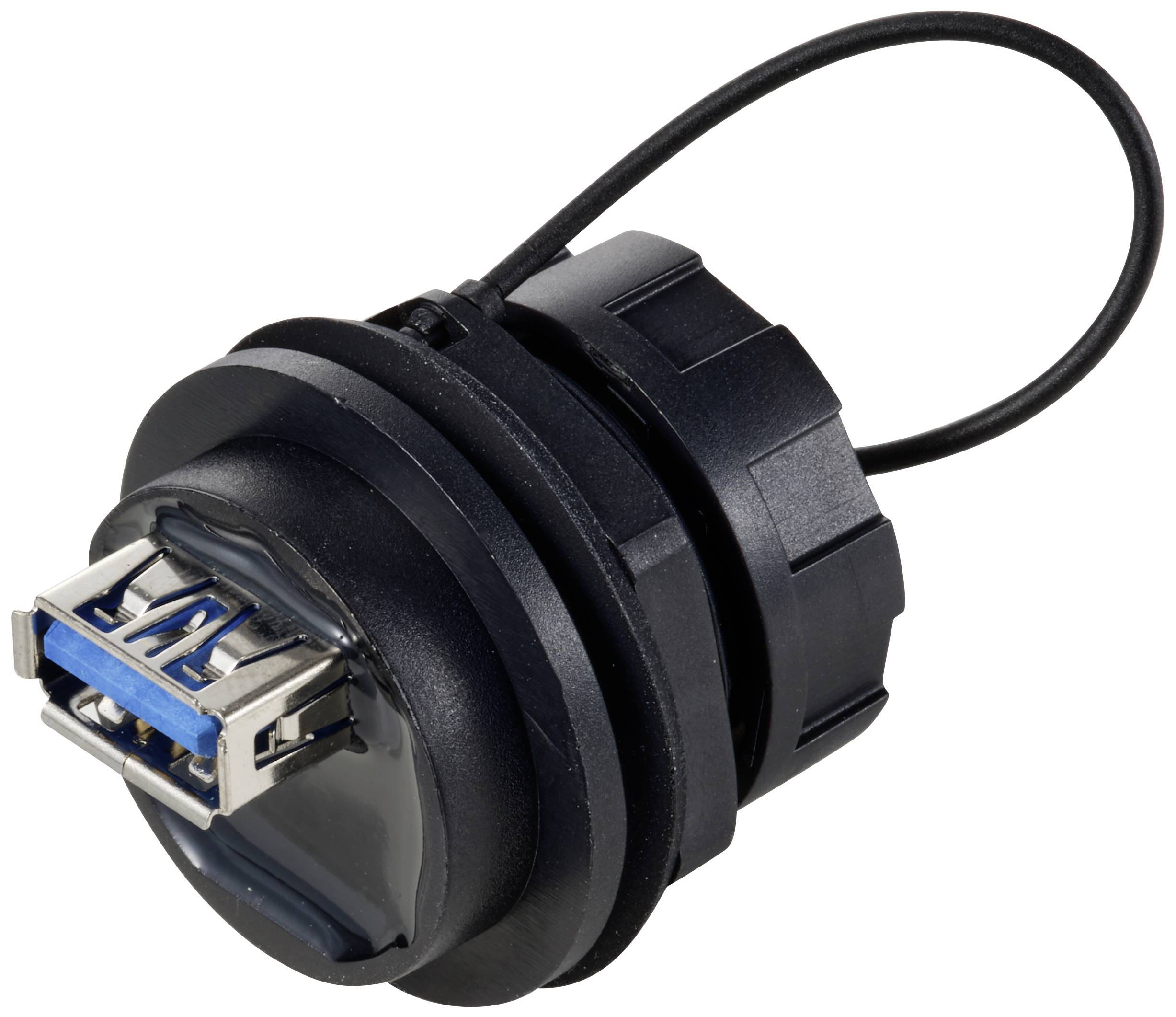 Černý USB konektor s modrým vnitřkem, montovatelný pomocí zásuvky, s upevňovacím kabelem. Vhodný pro technické aplikace.
