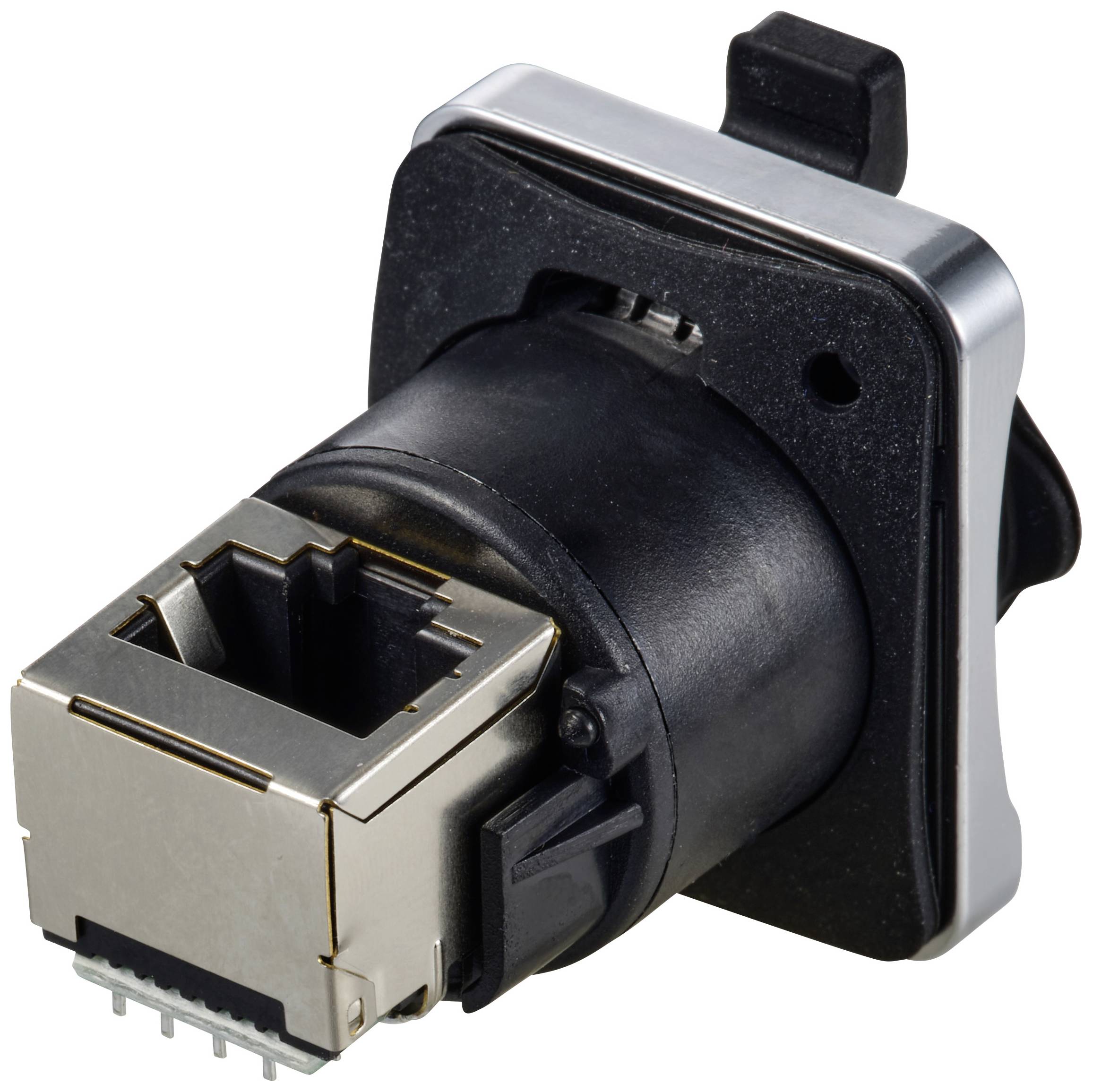 Černý RJ45 adaptér s kovovým tělem, vhodný pro síťová připojení, zobrazený z boku na bílém pozadí.