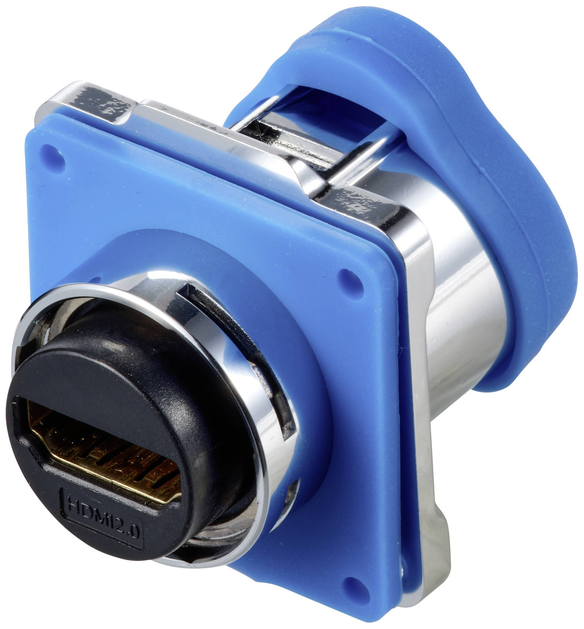 Modrý HDMI konektor v hranatém pouzdře, vhodný pro přenos audia a videa, s stříbrnými kovovými detaily.