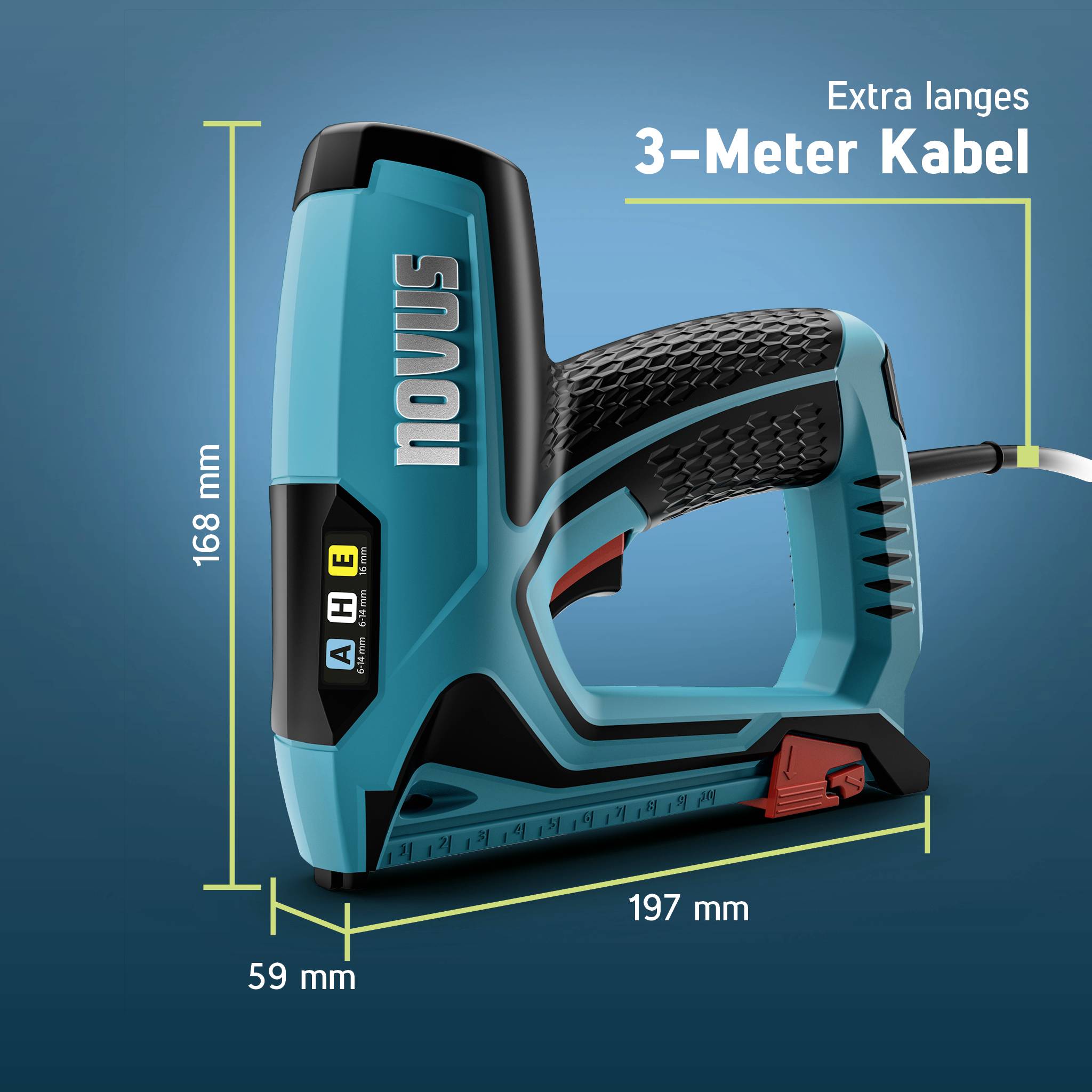 Elektrická sponkovačka v modré barvě s černou rukojetí, delším kabelem (3 metry), zobrazené rozměry: 168 mm vysoká a 197 mm dlouhá.