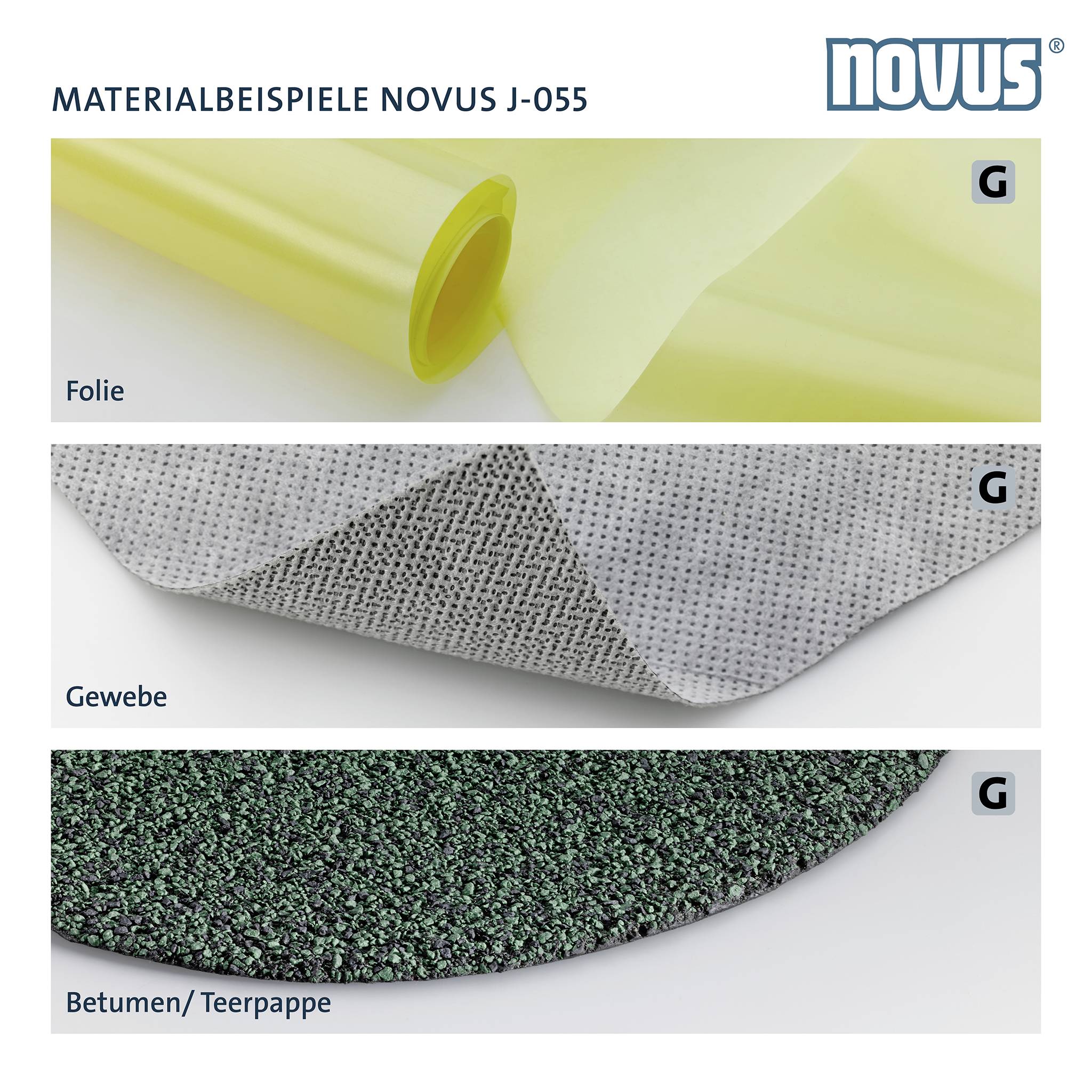 'Příklady materiálů pro Novus J-055: Nahoře žlutá fólie, uprostřed šedá tkanina, dole zelená lepenka/dehtová lepenka.'