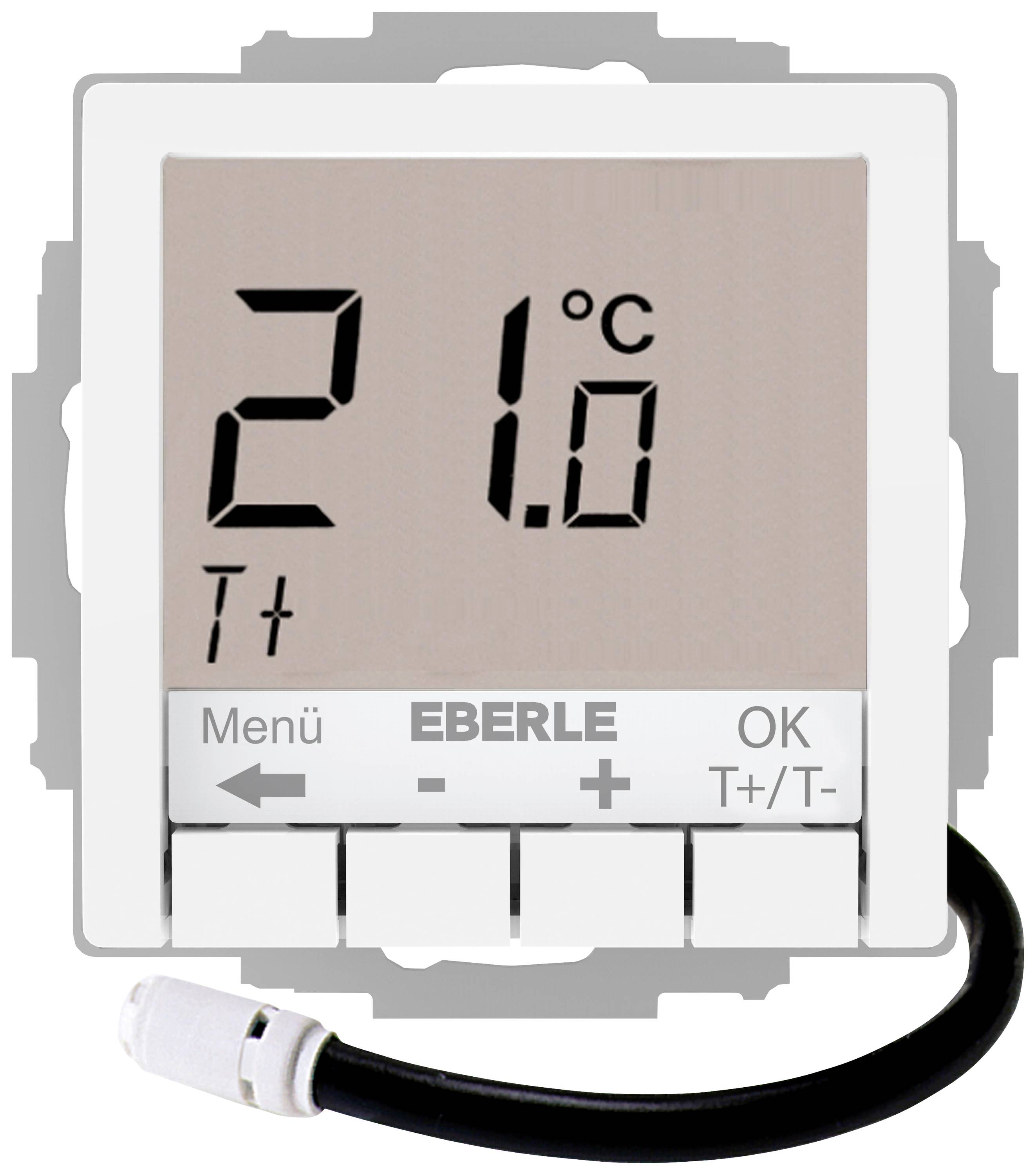 Digitální termostat s velkým displejem zobrazuje '21.0°C'. Níže ovládací prvky: Menu, Plus, Mínus, OK, T+/T-. Černý kabel dole.