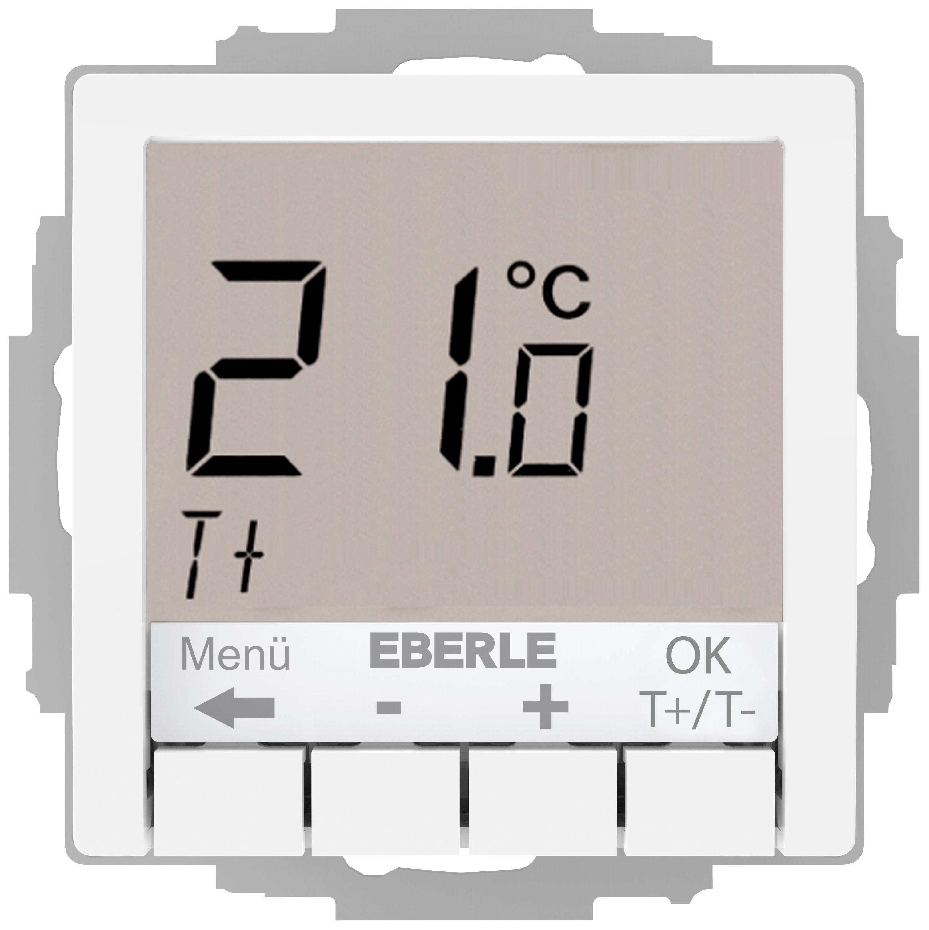 Digitální termostat s displejem: 21 stupňů Celsia. Tlačítka: 'Menu', '+', '-', 'OK', 'T+/T-'. Značka 'Eberle'. Kontrastní displej.