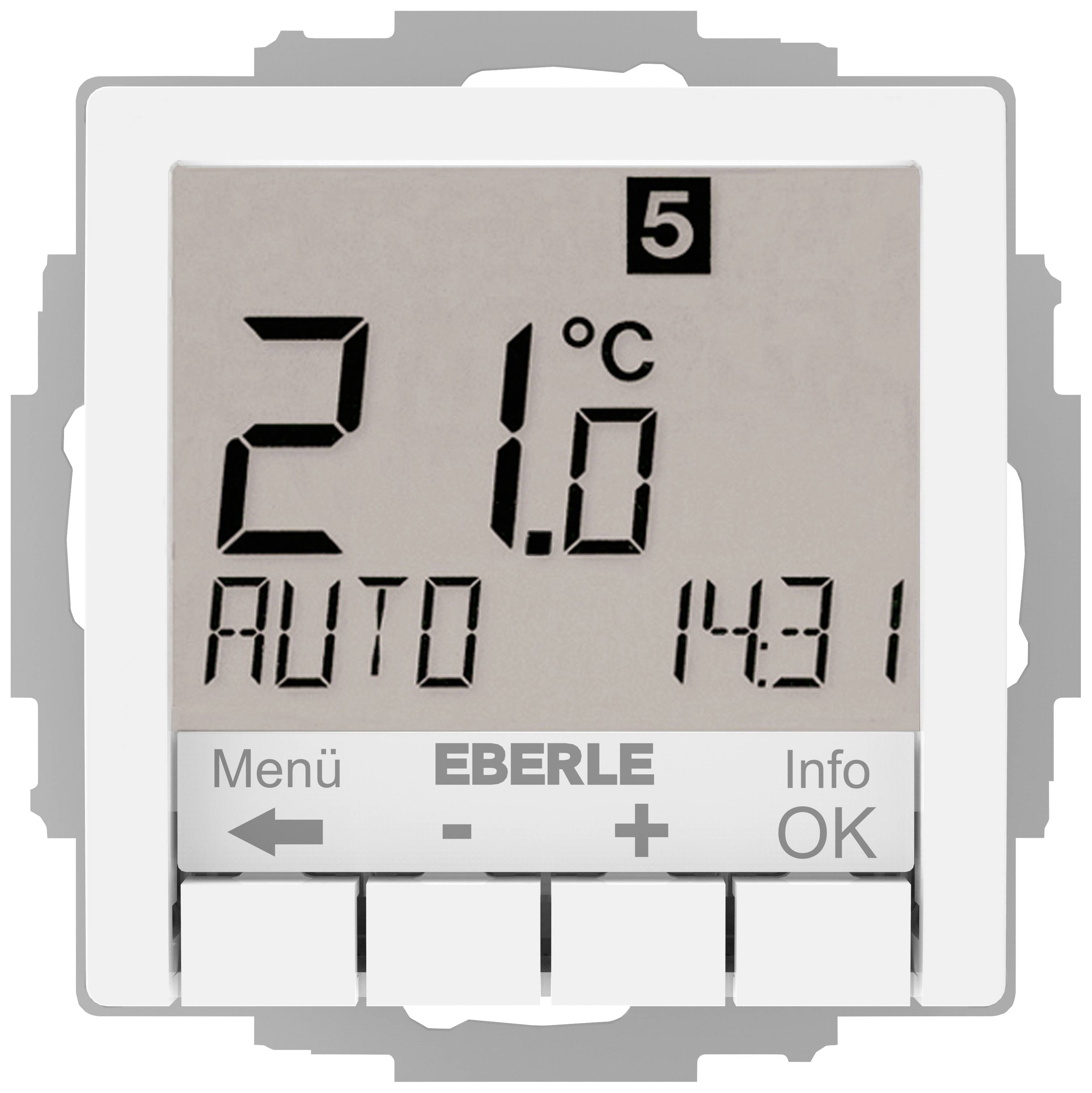 Digitální termostat ukazuje 21,0°C. Provozní režim nastaven na 'Auto' a čas 14:31. Tlačítka pro menu, plus/mínus, informace a OK.