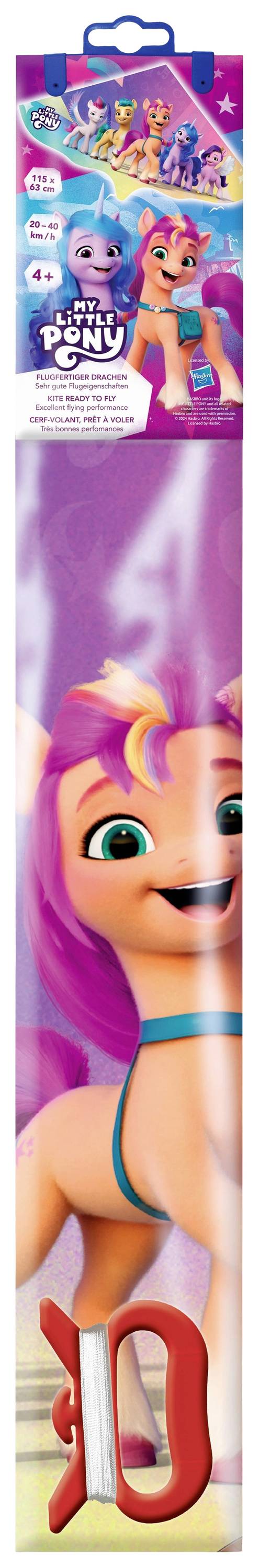 Obal hračky 'My Little Pony'; zobrazuje růžovo-oranžového ponyho s fialovými hřívou. Zahrnutá hračka je viditelná dole.