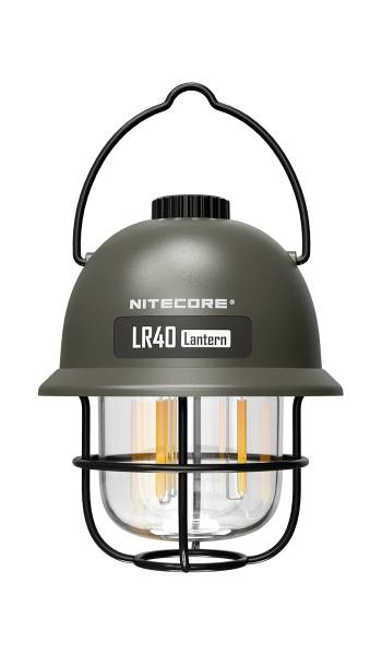 Zelená lucerna s nápisem 'Nitecore LR40 Lanterna', s kovovým košem a madlem, vhodná pro outdoorové aktivity.