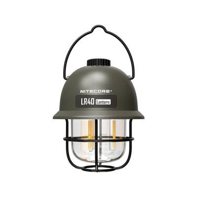 Zelená lucerna s nápisem 'Nitecore LR40 Lanterna', s kovovým košem a madlem, vhodná pro outdoorové aktivity.