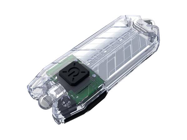 Průhledný USB flash disk s pohledem do vnitřní elektroniky. Nahoře je viditelný nápadný černý přepínač.