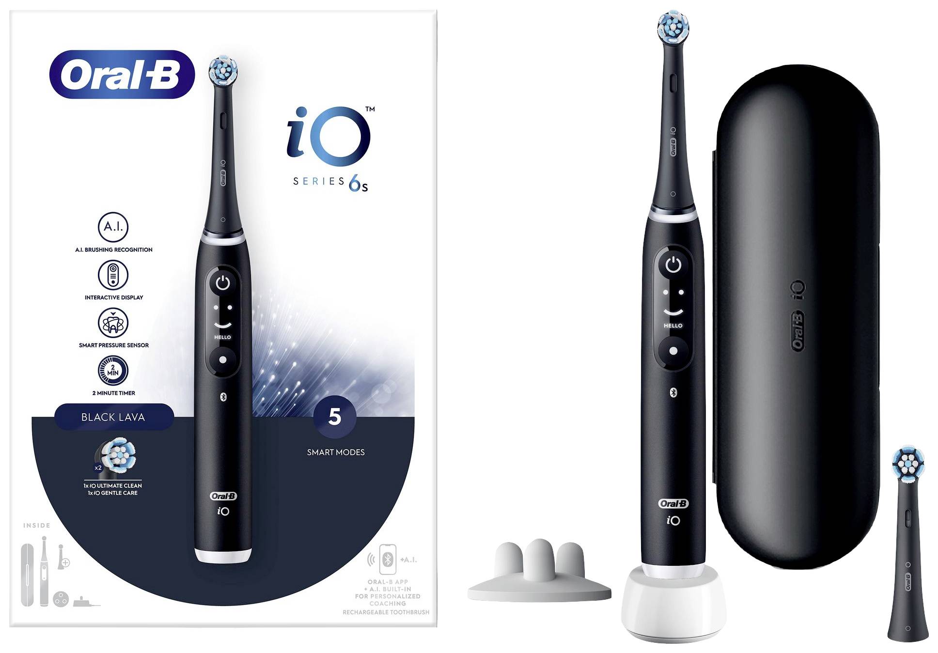 Elektrický zubní kartáček Oral-B iO Series 6s v černém designu s pouzdrem a nabíjecí stanicí, na obalu zobrazen vlevo a produkt vpravo.