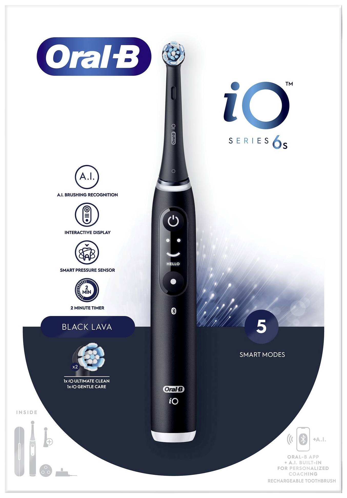 Elektrický zubní kartáček Oral-B iO Serie 6s v černé barvě. Zvýrazněné funkce: A.I., interaktivní displej, 5 módů, barevný úhlový nástavec.