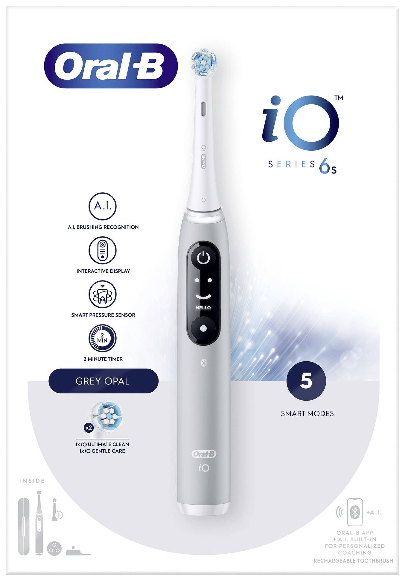Elektrická zubní kartáček Oral-B iO Series 6s zobrazen. Funkce vysvětleny: A.I. rozpoznávání kartáčování, interaktivní displej, tlakový senzor, 2minutový timer. Barva: 'Grey Opal', pět módů.