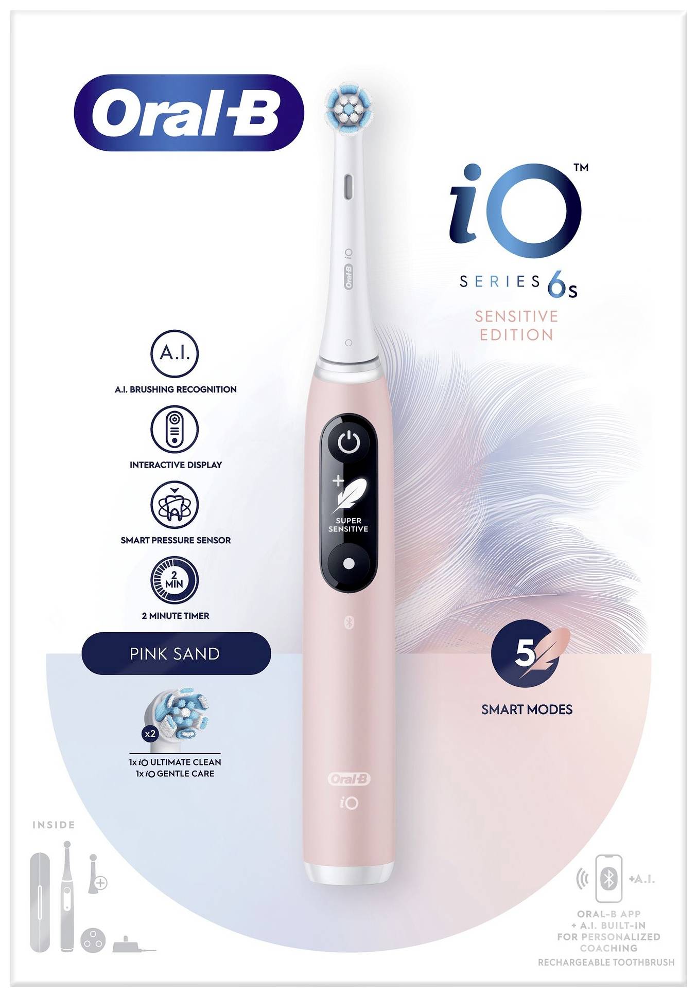 Elektrický zubní kartáček v růžové barvě s nápisem 'Oral-B iO Series 6s Sensitive Edition' zobrazuje funkce jako 'A.I.', '5 inteligentních režimů'.