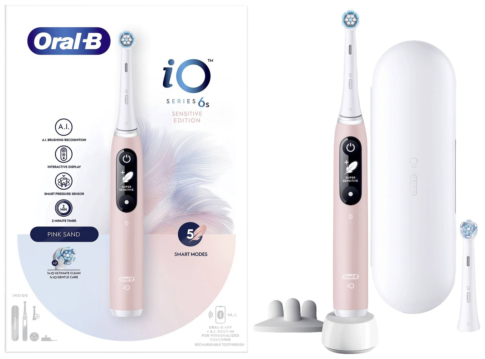 Elektrická zubní kartáček v růžové barvě s příslušenstvím a obalem. Značka 'Oral-B iO Series 6s', s 5 čisticími režimy a cestovním pouzdrem.