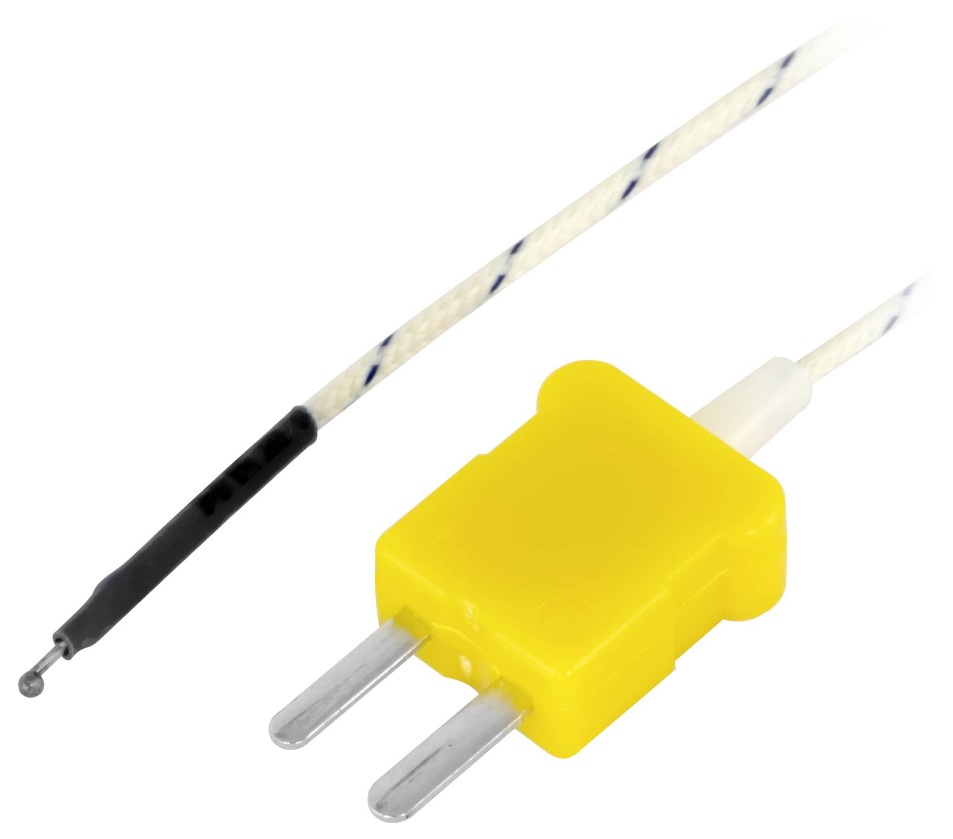 Žlutý dvoupólový elektrický konektor s připojeným vodičem, zobrazený na bílém pozadí.