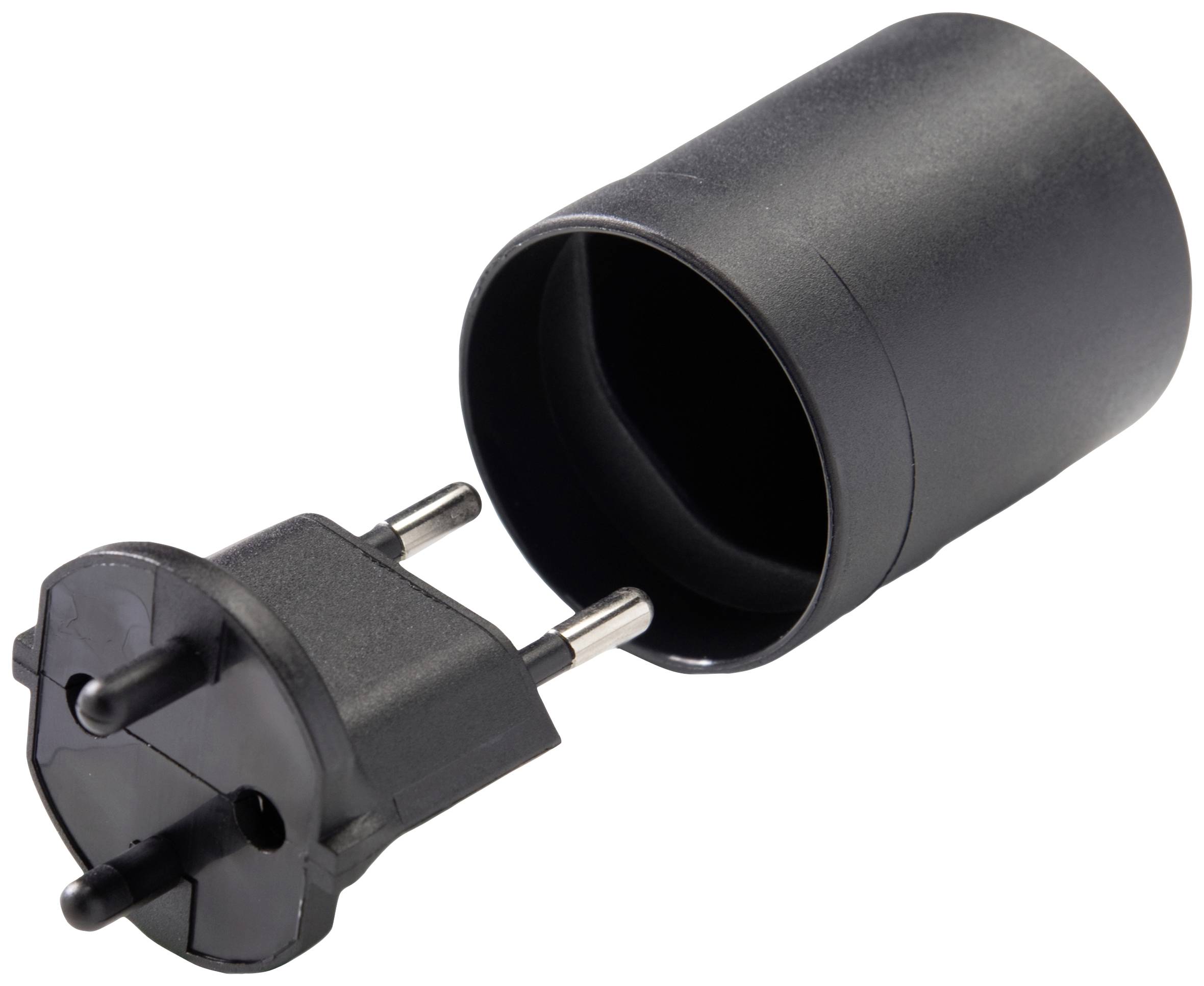 Černý adaptérový konektor pro německé zásuvky, skládající se z vidlice Schuko a samičího konektoru.