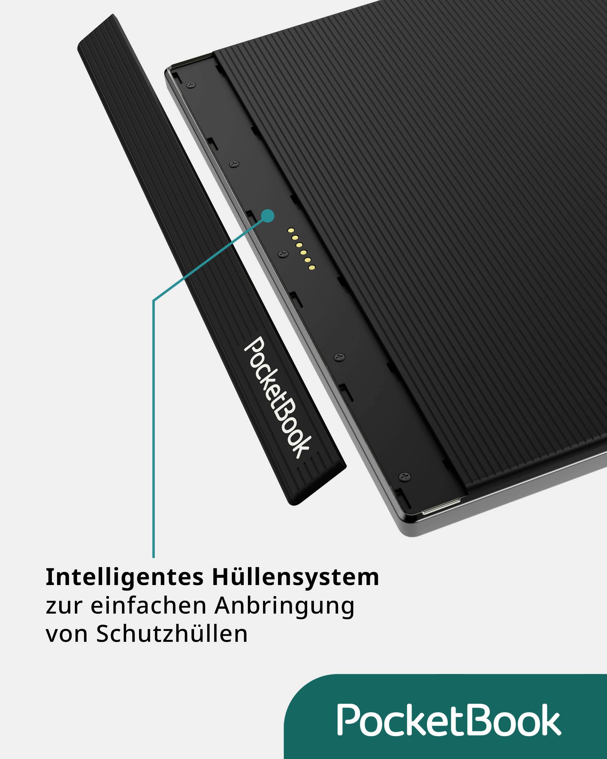 Tablet 'PocketBook' s odnímatelnou částí a textem: 'Inteligentní systém pouzdra pro snadné nasazení ochranných krytů'.