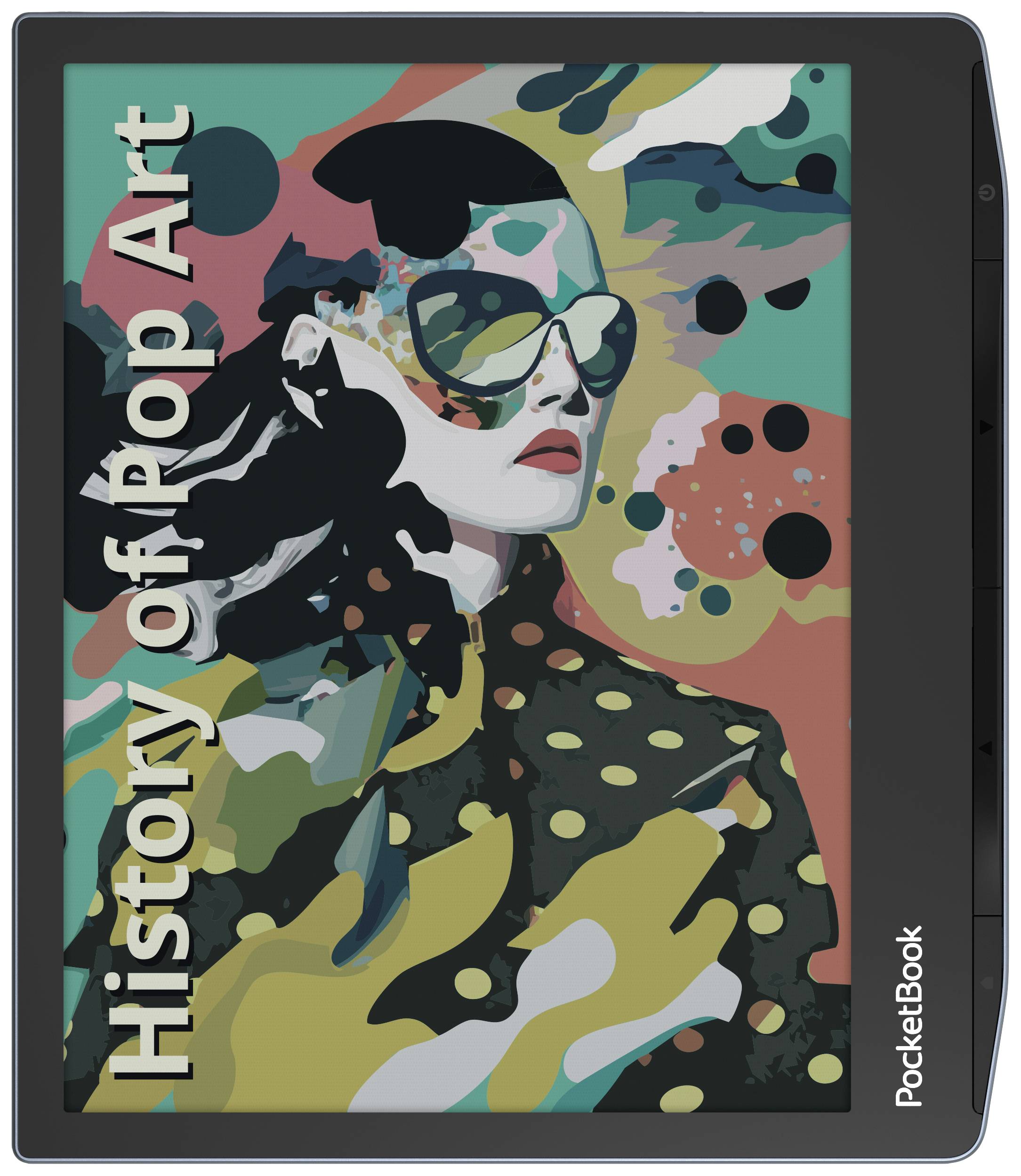 Tablet s barevnou ilustrací ve stylu pop artu, zobrazující osobu v slunečních brýlích. Text 'History of Pop Art' je umístěn svisle na okraji.