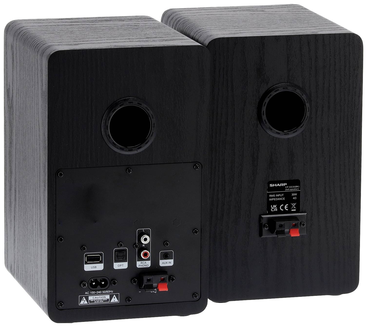 Dva černé reproduktory s přípojkami a ovládacími prvky na zadní straně, včetně USB, RCA a svorek pro reproduktorové kabely.