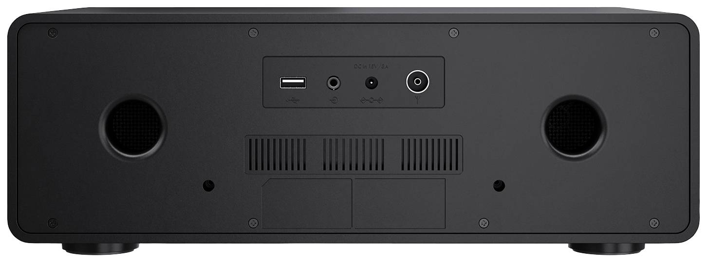 Černý reproduktor zezadu s USB připojením, audio vstupem a napájecím konektorem uprostřed; větrací štěrbiny pod nimi.