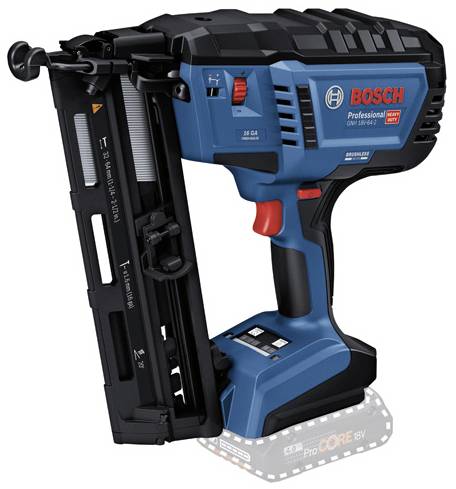 Akumulátorová hřebíkovačka Bosch s modro-černým krytem a červeným držadlem. Zobrazeno číslo modelu; určeno pro přesné upevňování hřebíků.