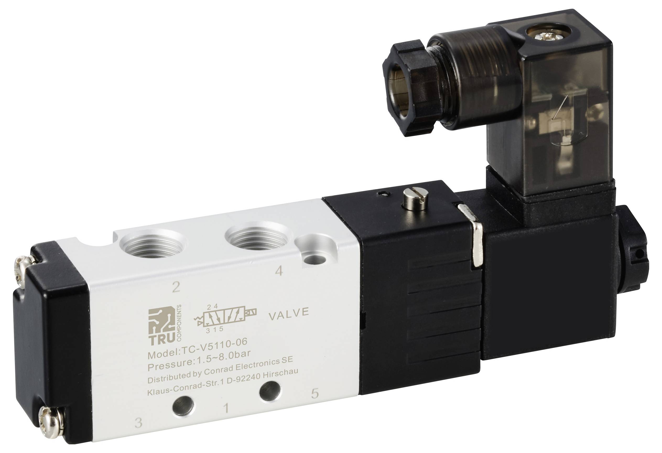 Ventil, model TC-V5110-08, rozsah tlaku 1,5-8,0 Bar, od společnosti Control Electronics SE, s průhledným elektrickým připojením nahoře.