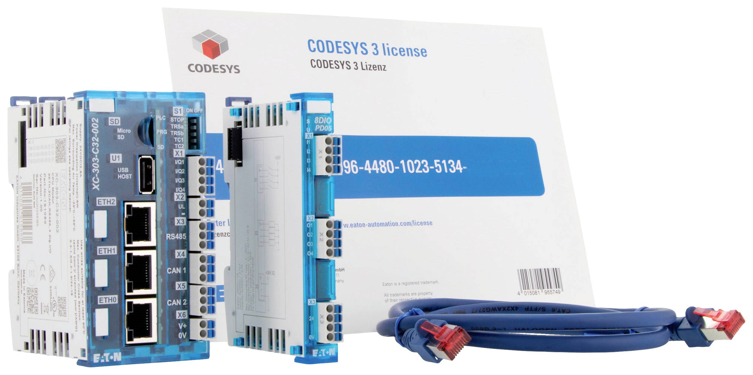 Řídicí jednotka s kabely a licencí CODESYS 3. Primárně používaná pro průmyslovou automatizaci a řídicí aplikace.