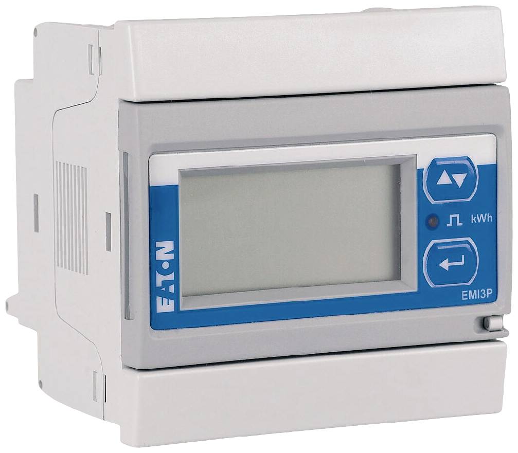 Bílo-modrý elektroměr společnosti EATON, model EMI3P, s digitálním displejem a ovládacími tlačítky, určený pro měření spotřeby energie v kWh.