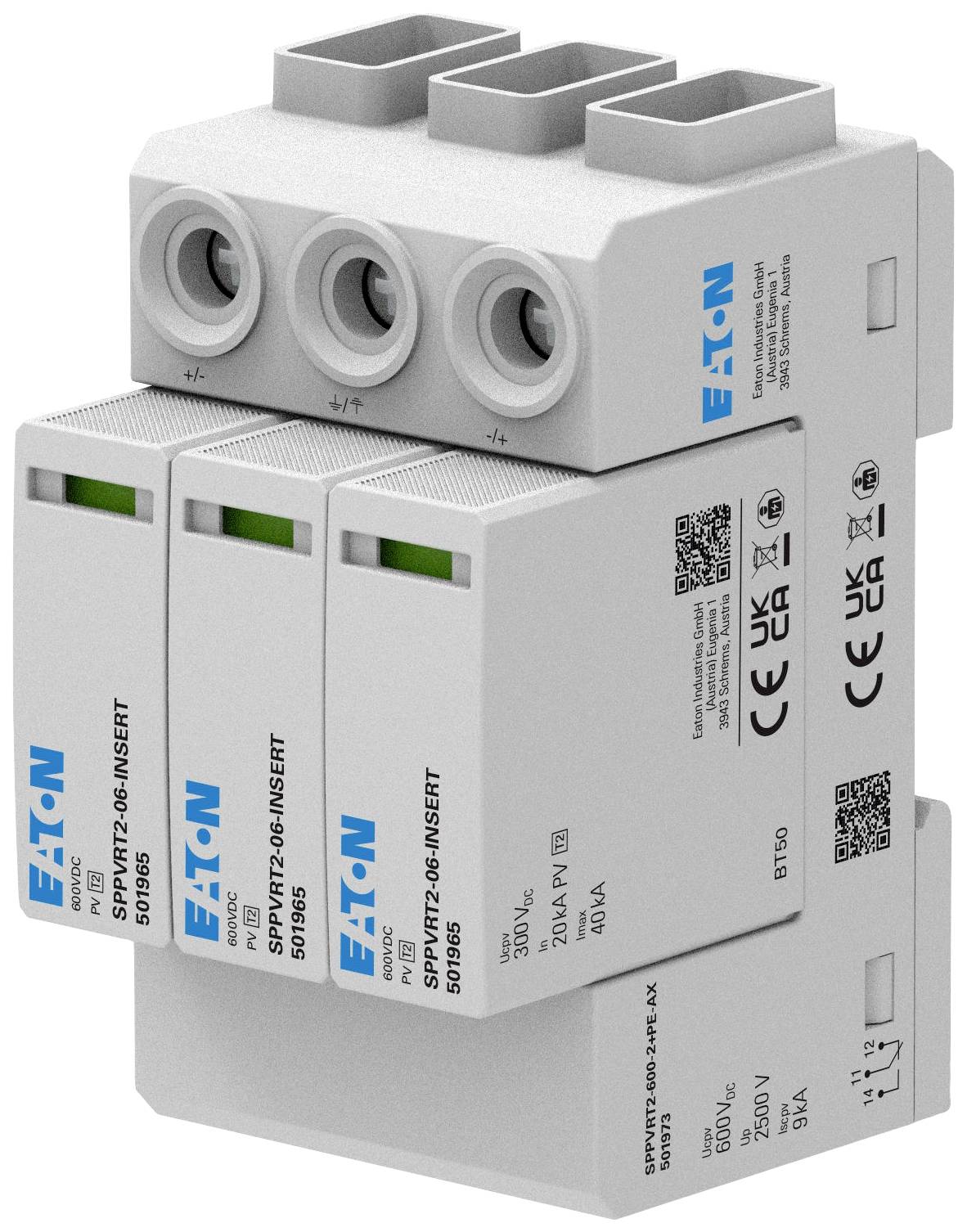 Třífázové zařízení pro ochranu před přepětím od společnosti Eaton, model SPBT12-400-IN, se třemi vstupy a indikátory ochrany.