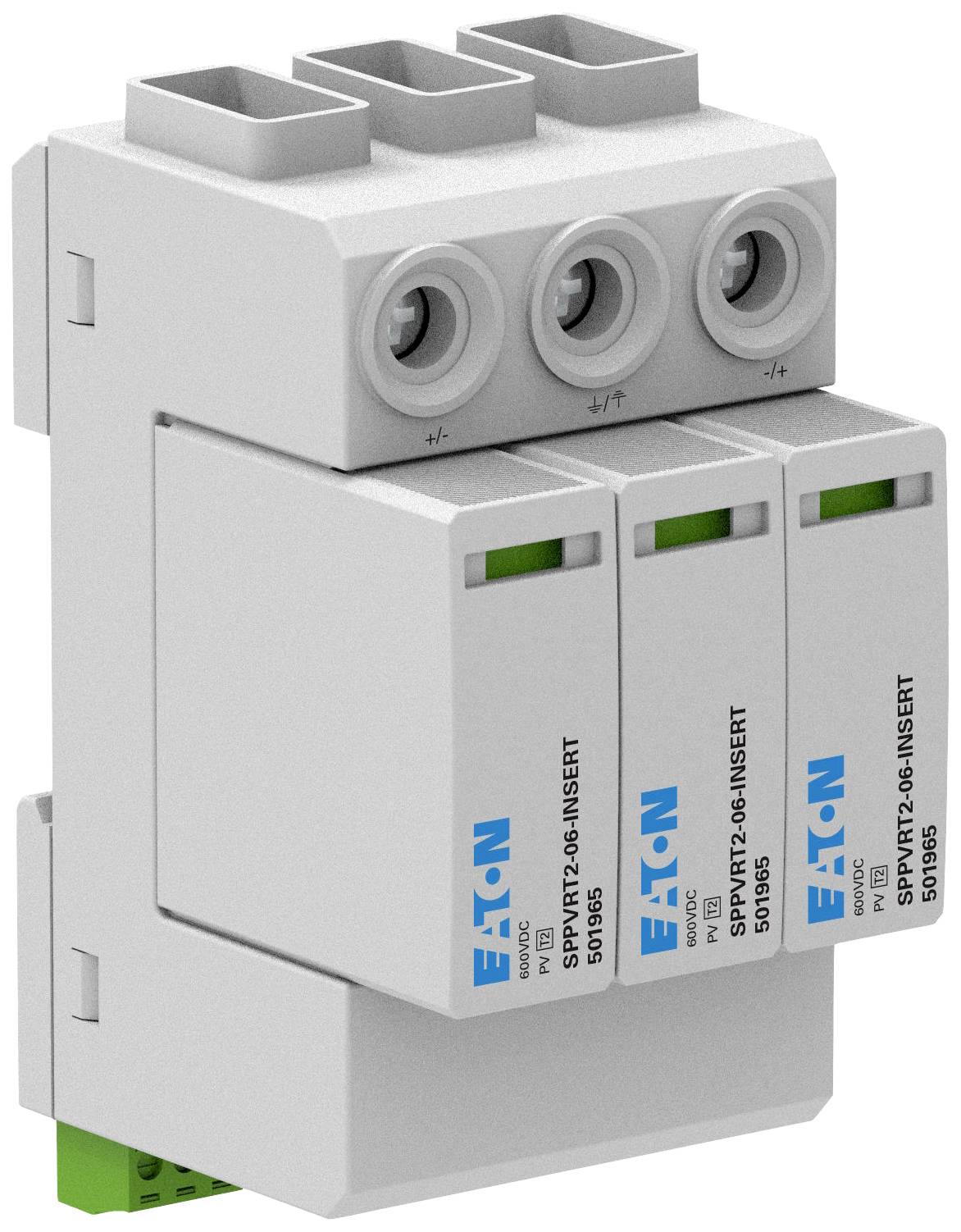 Svodič přepětí, třífázový, od společnosti Eaton, se třemi zásuvnými místy a štítky pro předcházení přepětí v elektrických zařízeních.