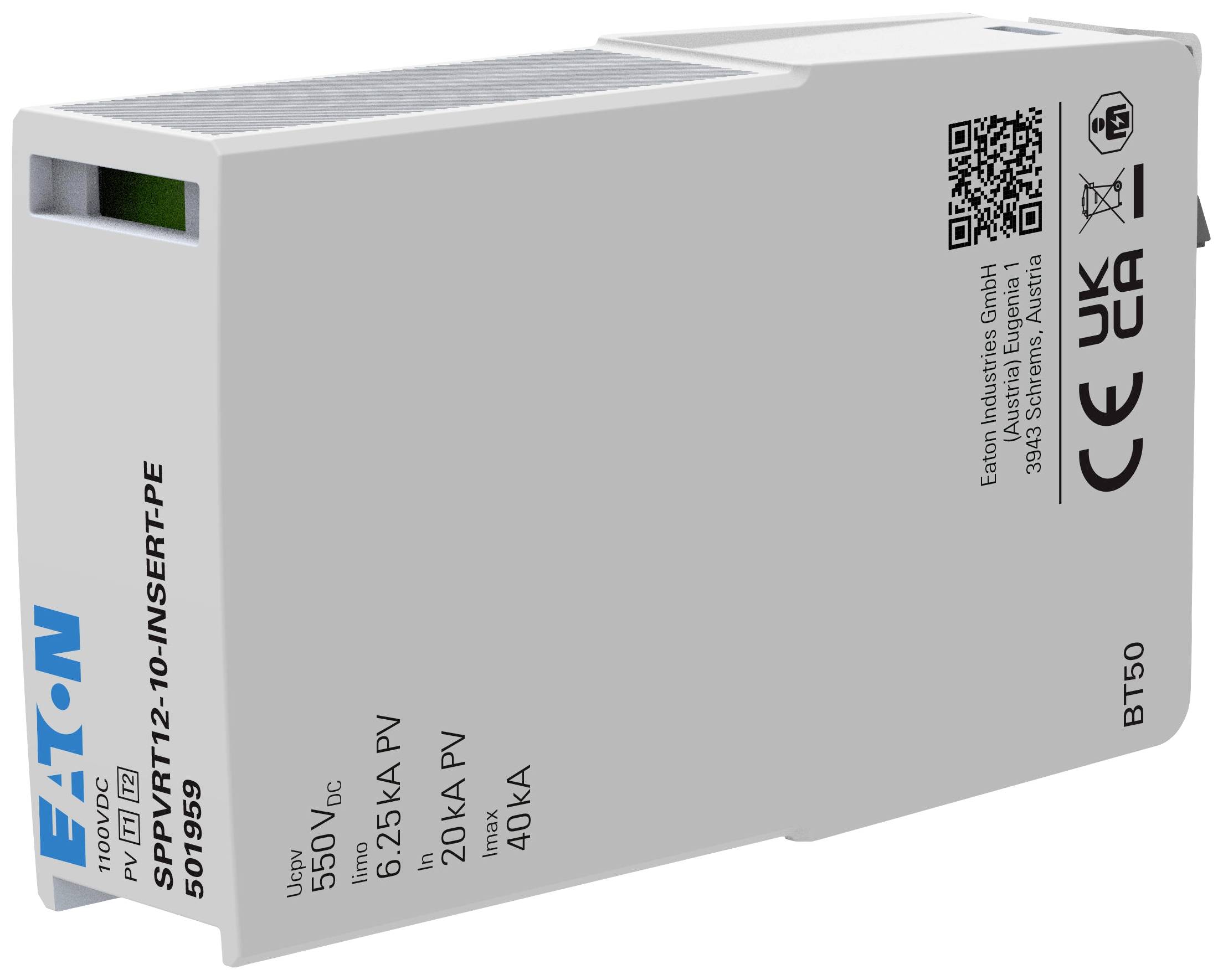 Šedý svodič přepětí od společnosti Eaton s číslem modelu a označením CE. Zařízení pro ochranu před elektrickými přepětími.