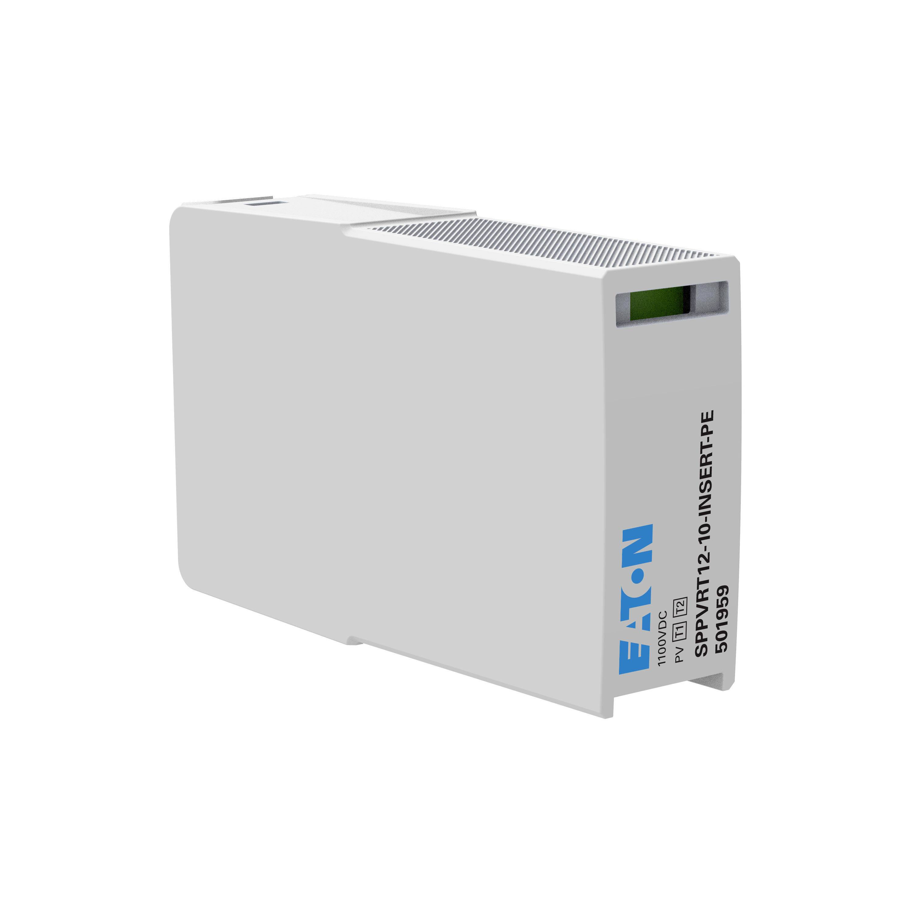 Bílý elektronický konstrukční prvek s nápisem 'Eaton' a technickými detaily po straně, pravděpodobně elektrický modul.
