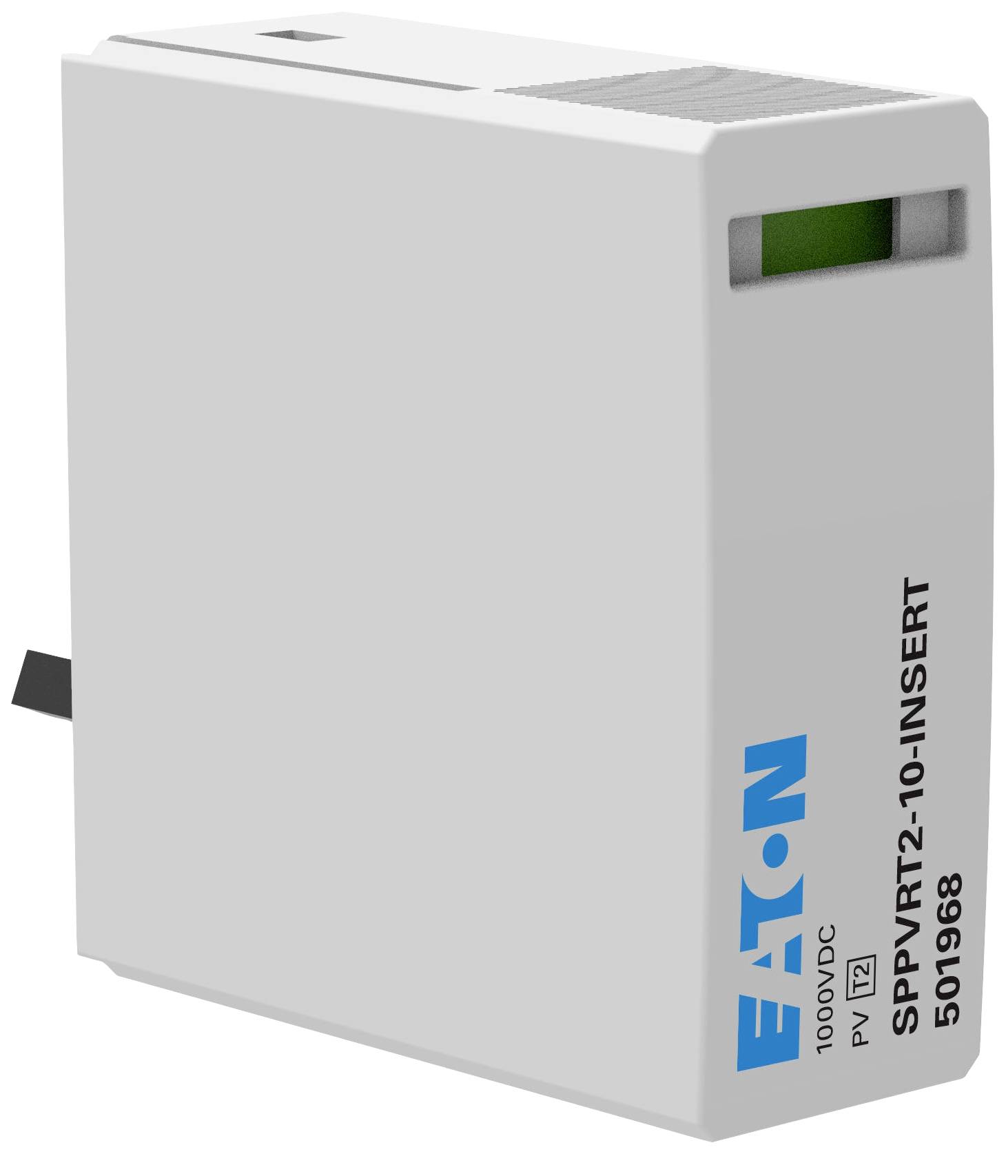 Bílé elektrické zařízení s označením 'Eaton SPPVRT2-10-INSERT', vhodné pro napětí až 1000 VDC.