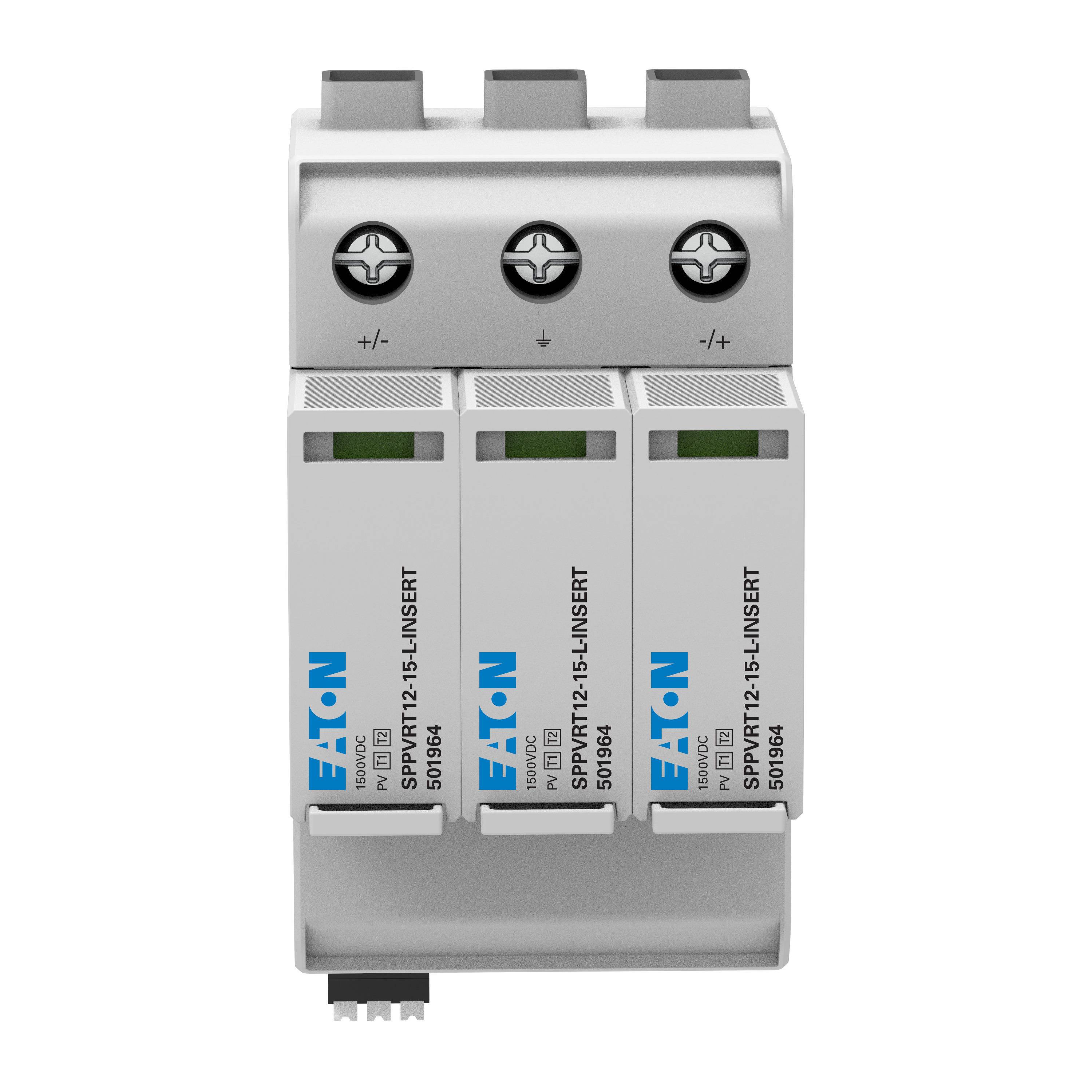 Třípólový svodič přepětí od Eatonu, model SPBT12-25/3L. Bílé pouzdro, vhodné pro elektrické instalace.