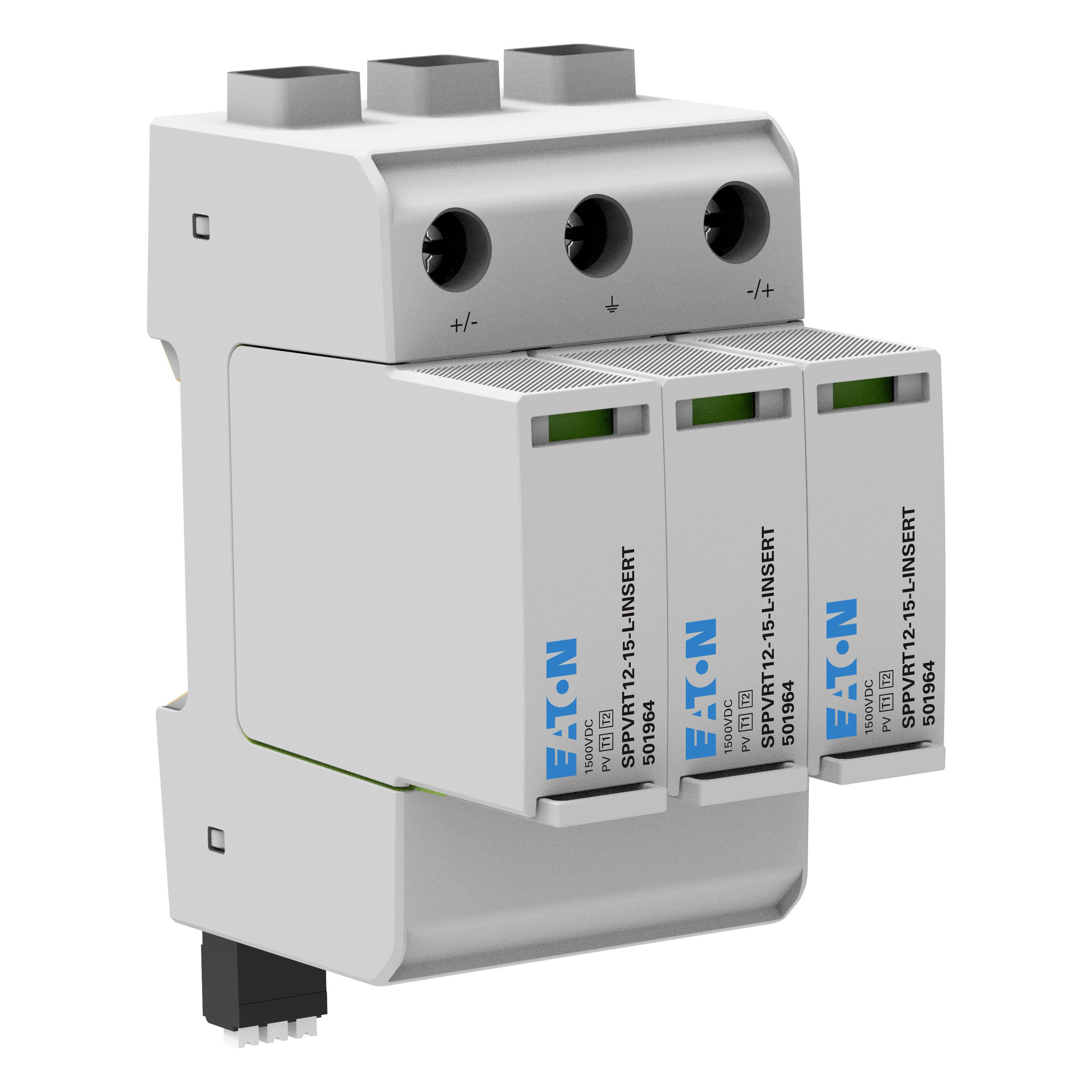 Šedá, obdélníková elektrická komponenta se třemi zasunutelnými ochrannými moduly s nápisem 'Eaton'.
