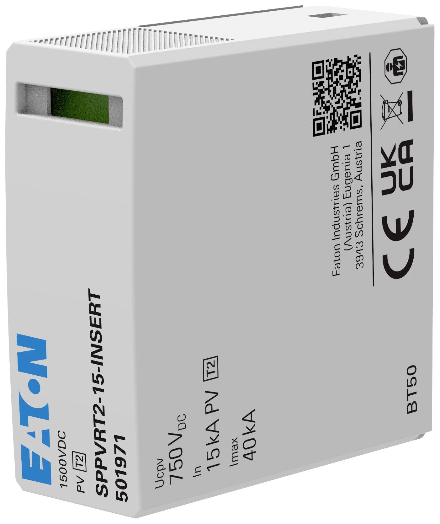 Šedé zařízení s modrým nápisem 'Eaton'. Text zobrazuje technické specifikace a certifikace. Nahoře QR kód.