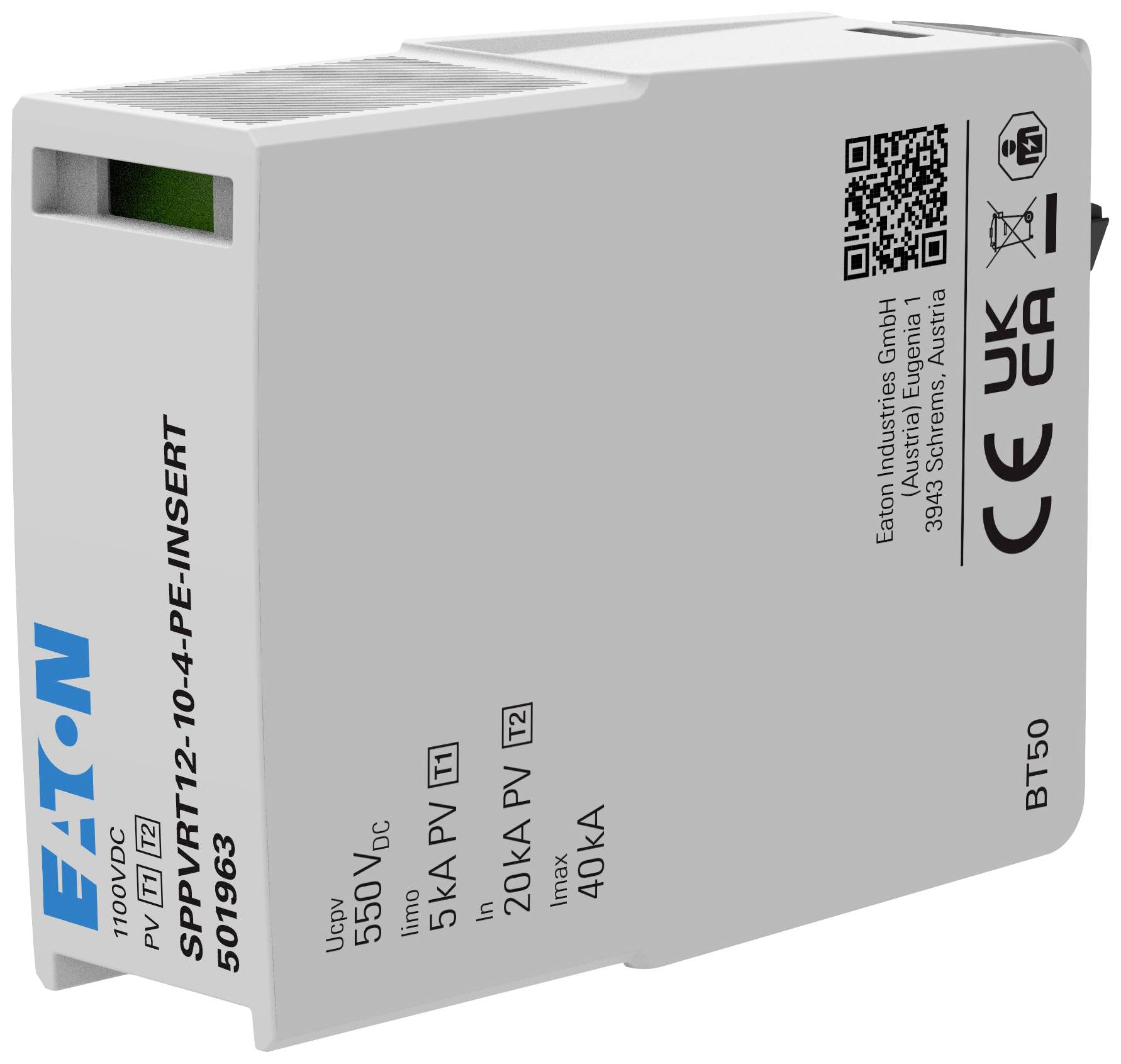 Bílé ochranné zařízení od Eatonu s označením CE, QR kódem a technickými specifikacemi: 550 V DC, 15 kA PV, 20 kA max.