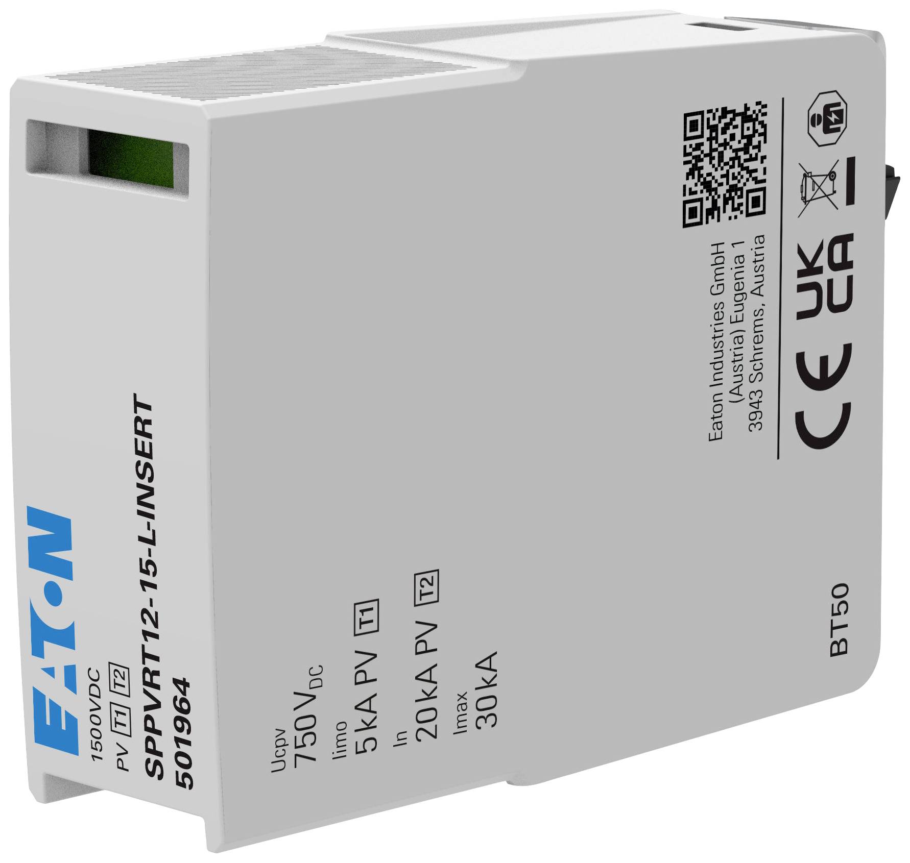 Šedé obdélníkové zařízení s modrým logem 'Eaton', QR kódem a technickými specifikacemi. Značky ukazují hodnoty napětí a proudu.