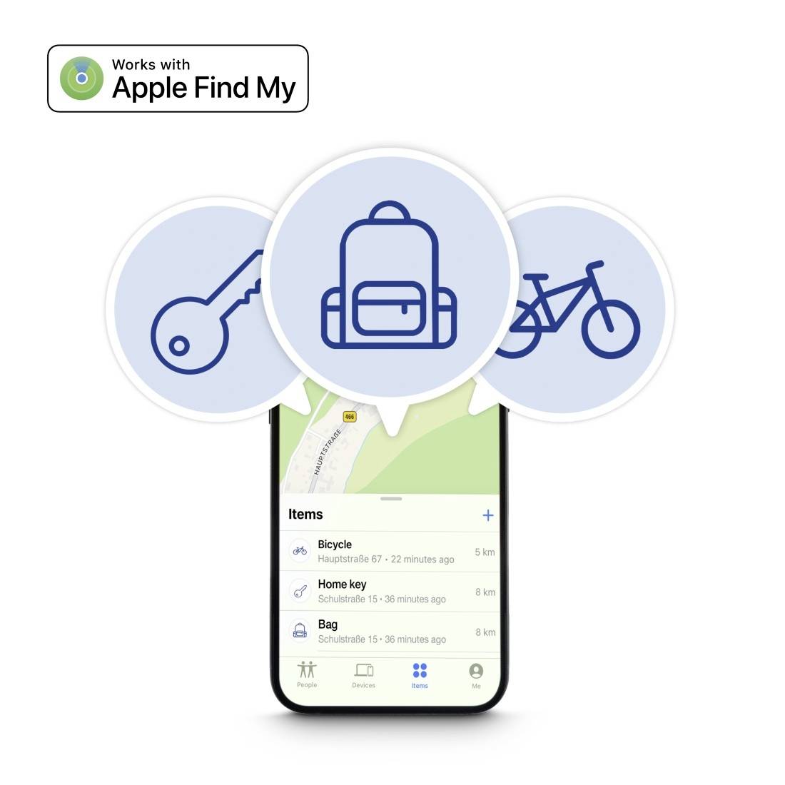 Displej smartphonu zobrazuje aplikaci 'Apple Find My' se symboly klíčů, batohu a jízdního kola.
