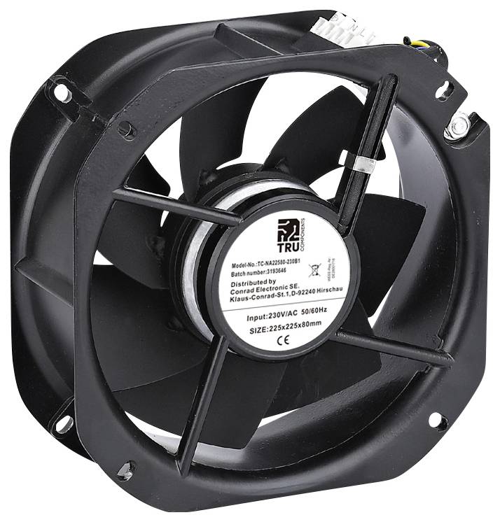 Černý axiální ventilátor s pěti lopatkami, s odpovídajícím označením: 'TRU Model: TR-AXP288 300H', používaný pro chladicí aplikace.
