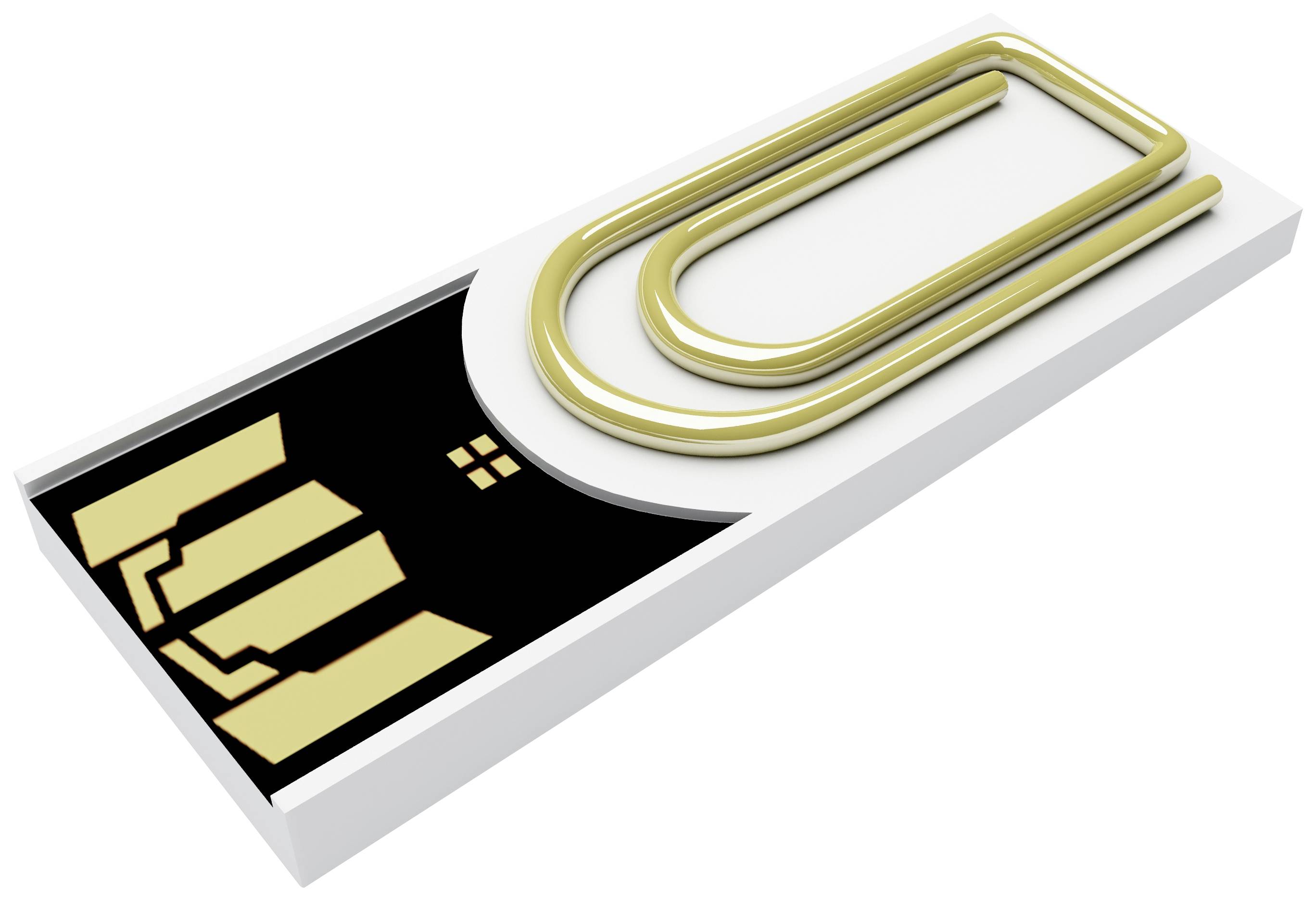 USB flash disk ve tvaru kancelářské sponky, zlaté barvy, leží na bílém povrchu.