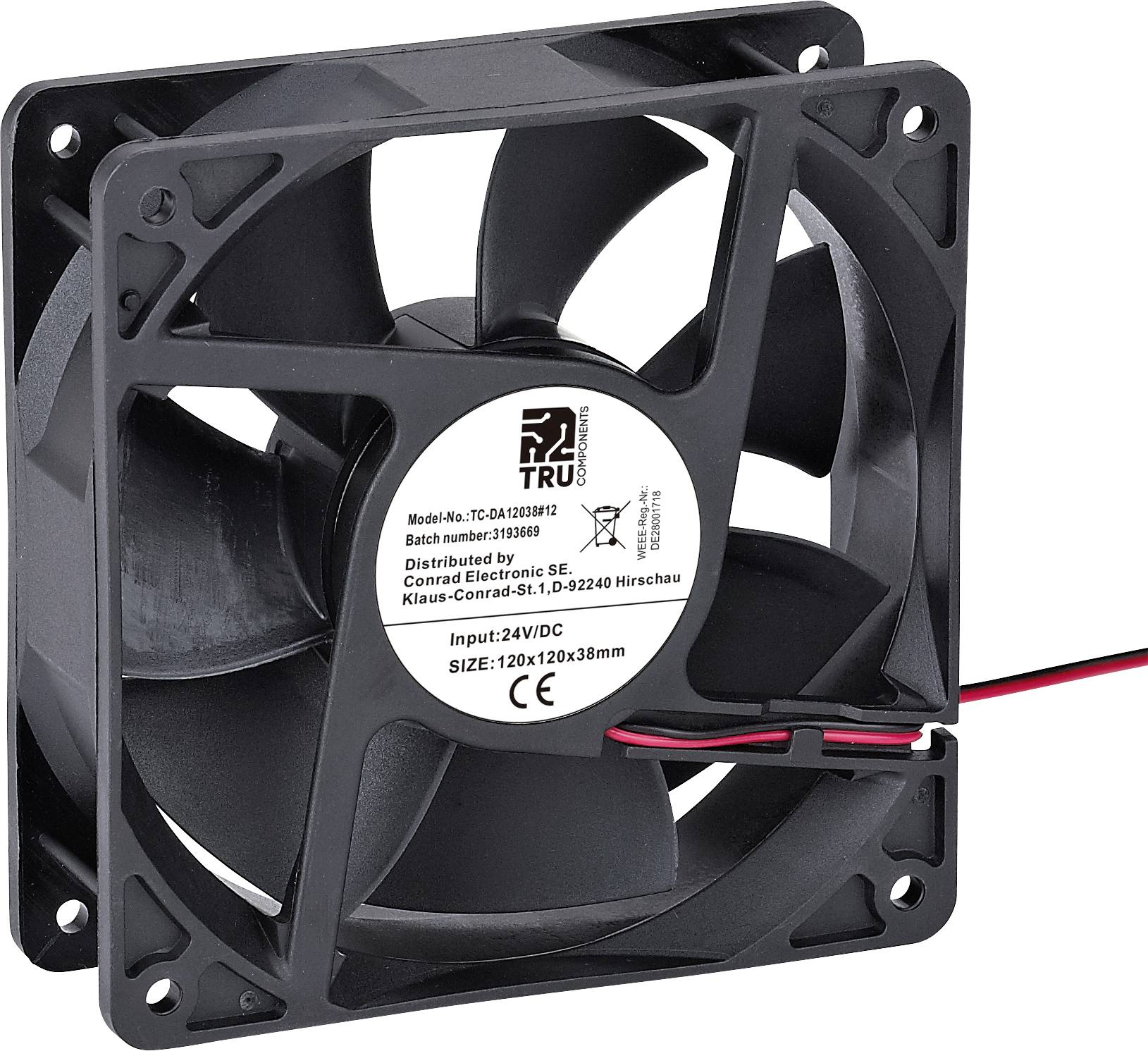 Černý počítačový ventilátor s kabely. Na štítku jsou uvedeny informace o modelu a specifikace: 24V DC, rozměr 120x120x38 mm.