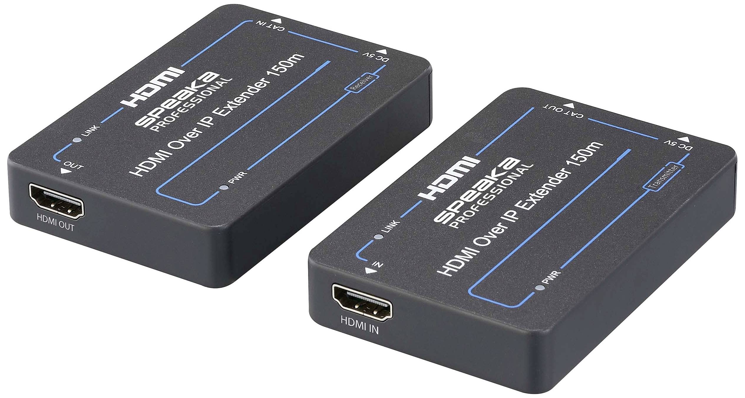 Dva HDMI-over-IP extendery od společnosti Speaka, model: HDMI-to-Ethernet konvertor, jsou označeny 'HDMI IN' a 'HDMI OUT' pro přenos videa.