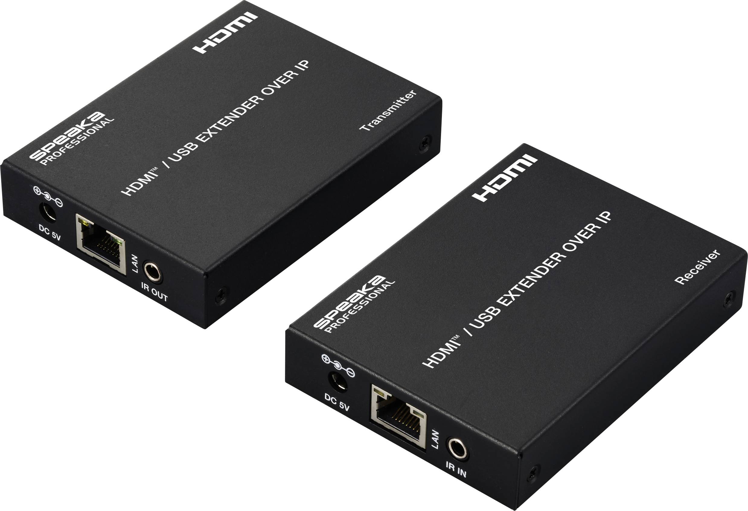 Dva černé přístroje s nápisem 'HDMI/USB Extender Over IP', označené jako 'Vysílač' a 'Přijímač', určené pro přenos signálu.