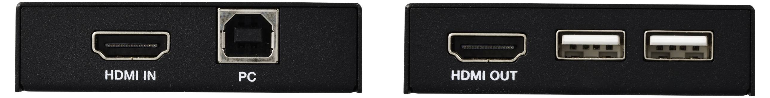 Zadní strana elektronického zařízení s přípojkami: Vlevo 'HDMI IN', 'PC'; vpravo 'HDMI OUT', dva USB porty.