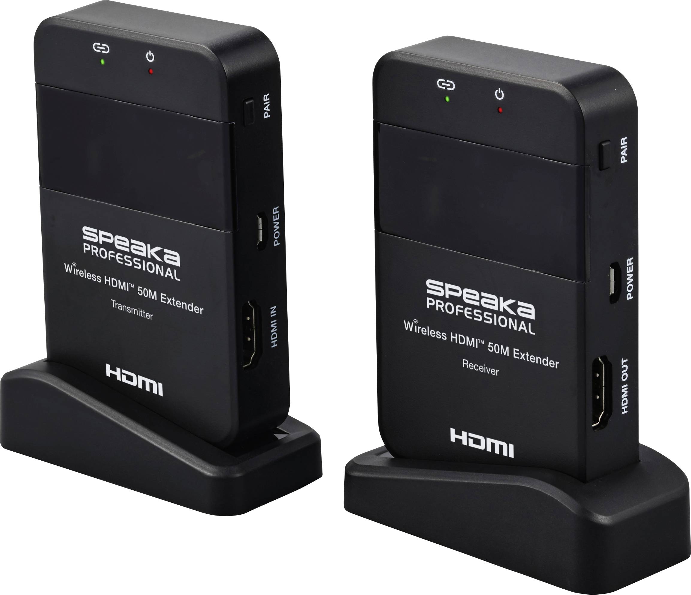 Dva černé přístroje na stojanech s nápisem 'speaka PROFESSIONAL Wireless HDMI 50M Extender'. Vlevo vysílač, vpravo přijímač.
