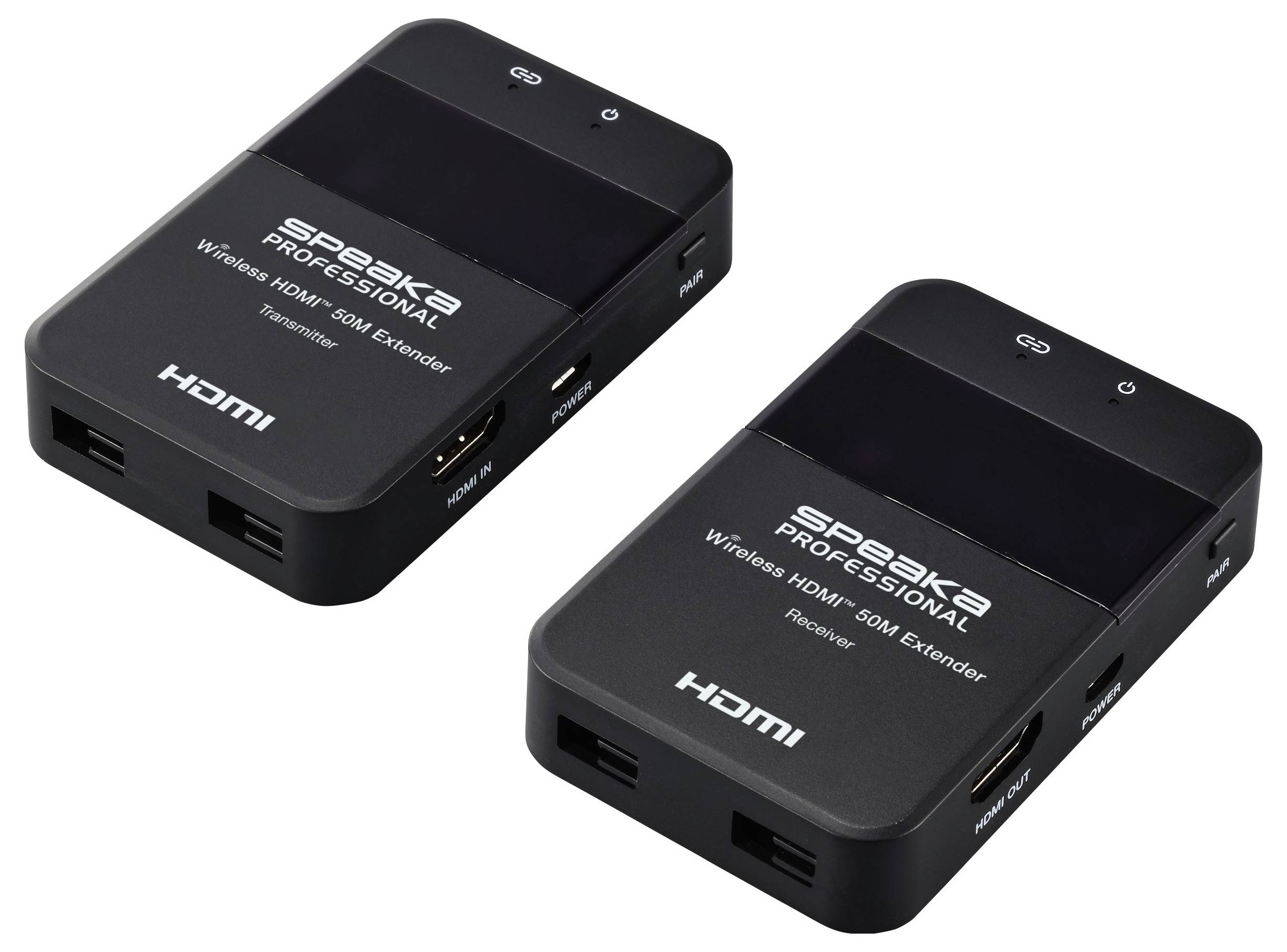 Dva černé HDMI přístroje vedle sebe. Vlevo 'vysílač', vpravo 'přijímač'. Oba s nápisem 'Speaka Professional'.