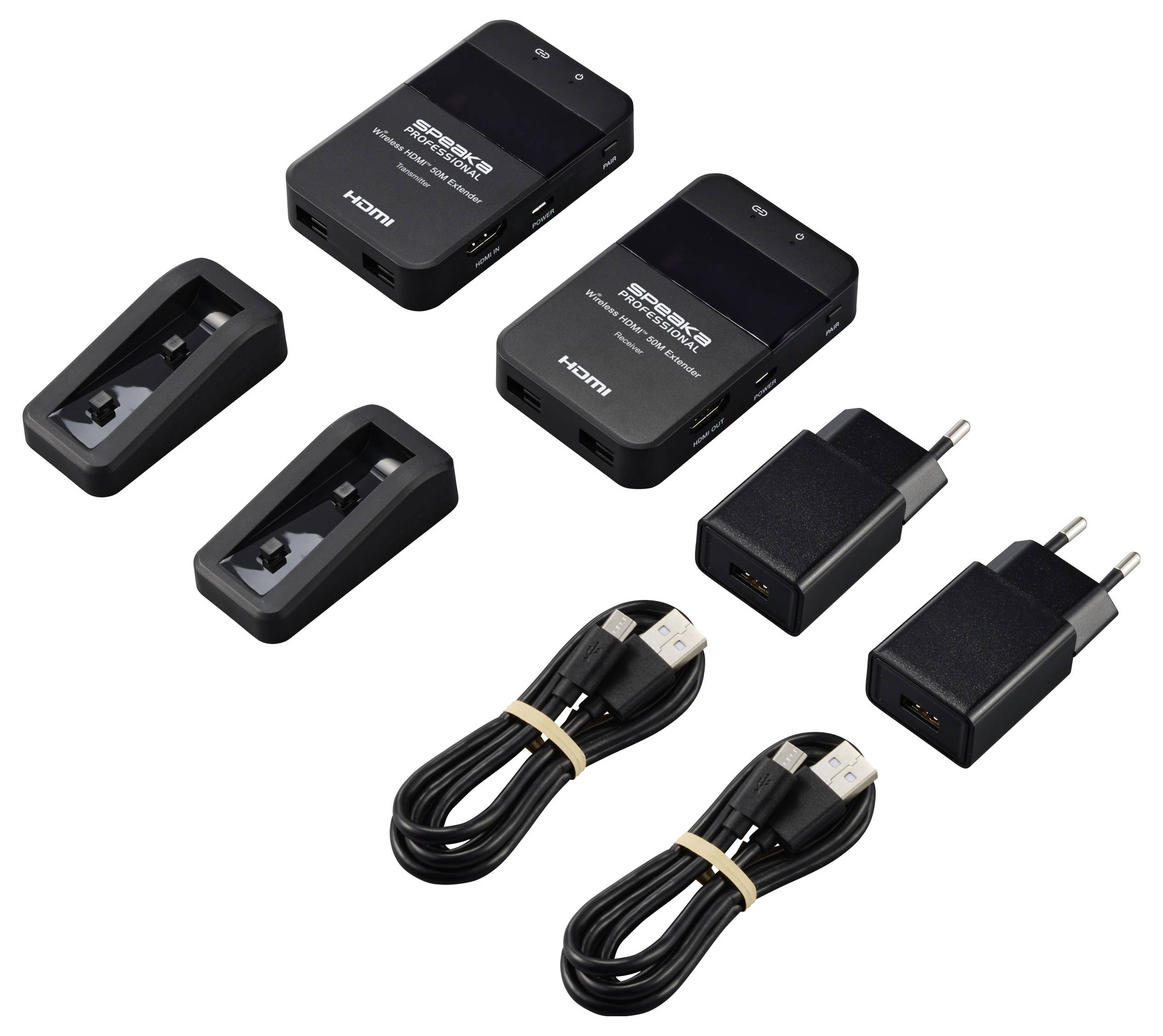 Dva bezdrátové HDMI přijímače, dva držáky, dva napájecí adaptéry a dva USB kabely pro přenos HD videosignálů.